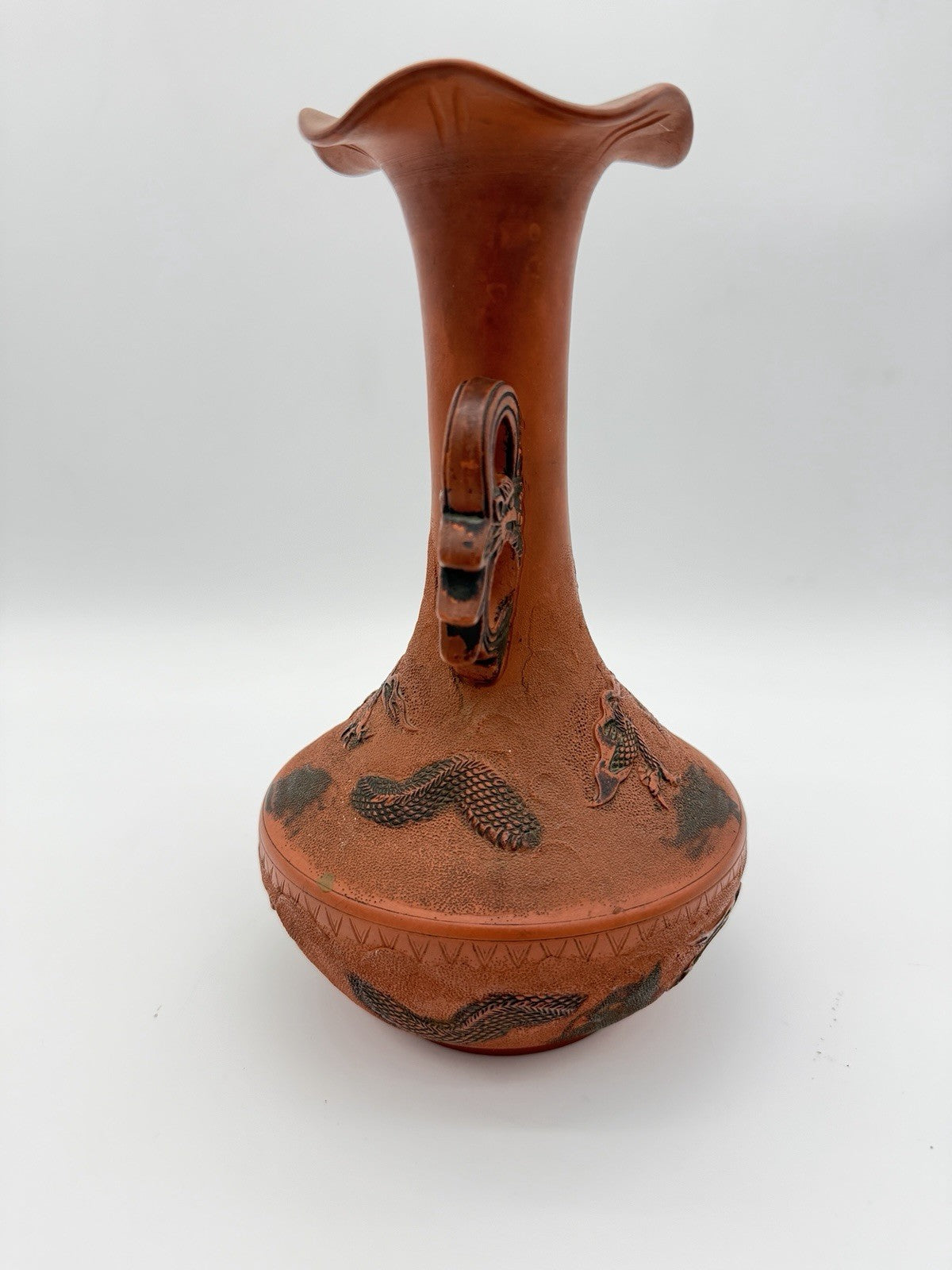 Antique Meiji Japanese Tokoname Terracota   Embossed Dragon Double Handle 10”H