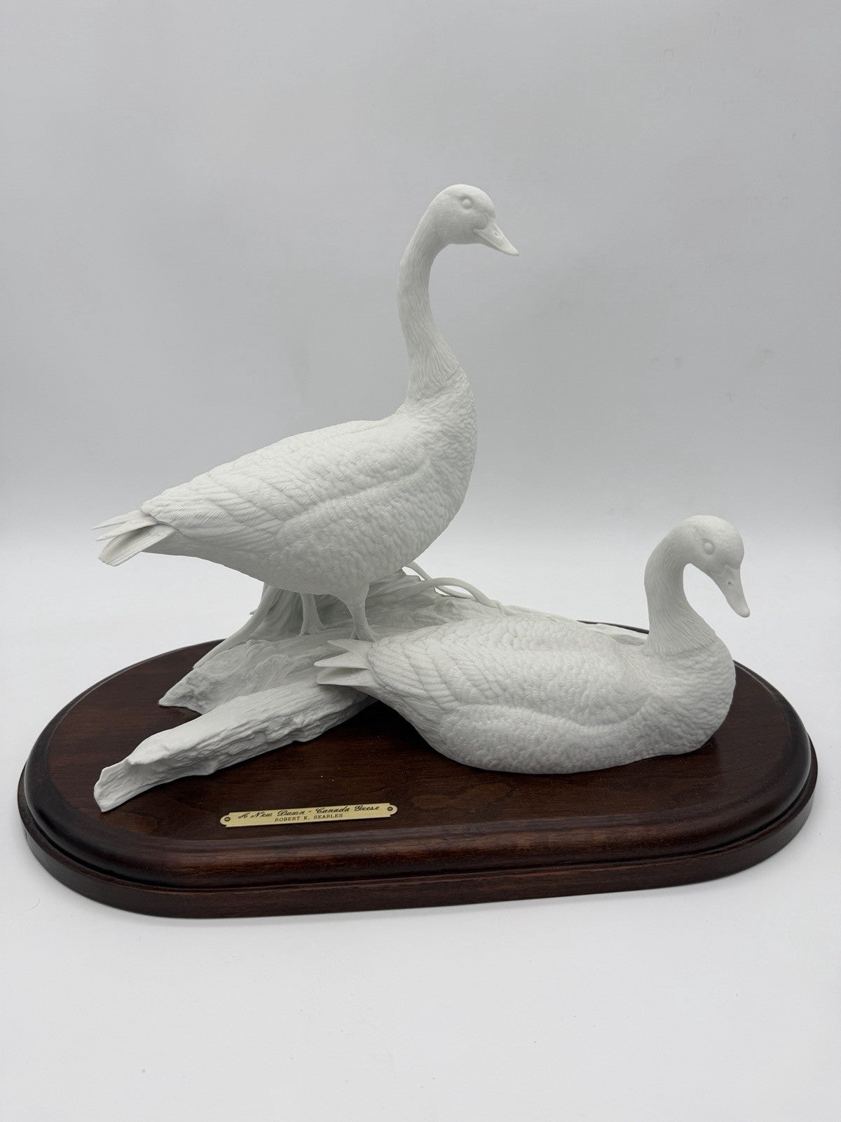 Robert E. Searles white bisque porcelain Canada Geese sculpture A New Dawn wood