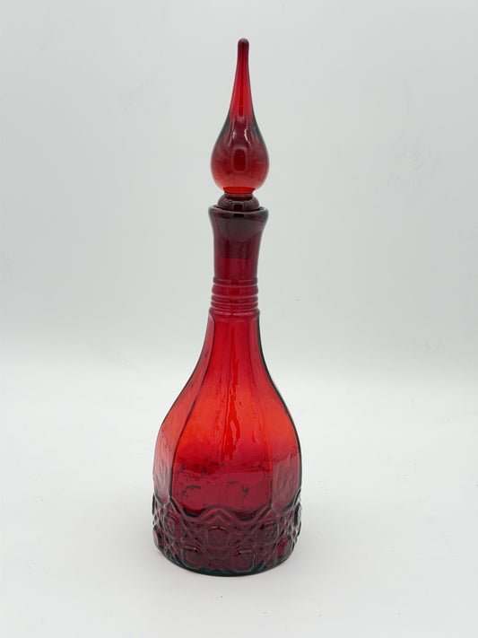 MCM Hand Blown RAINBOW Art Glass Ruby Red Genie Bottle Decanter  W/Stopper 13”H