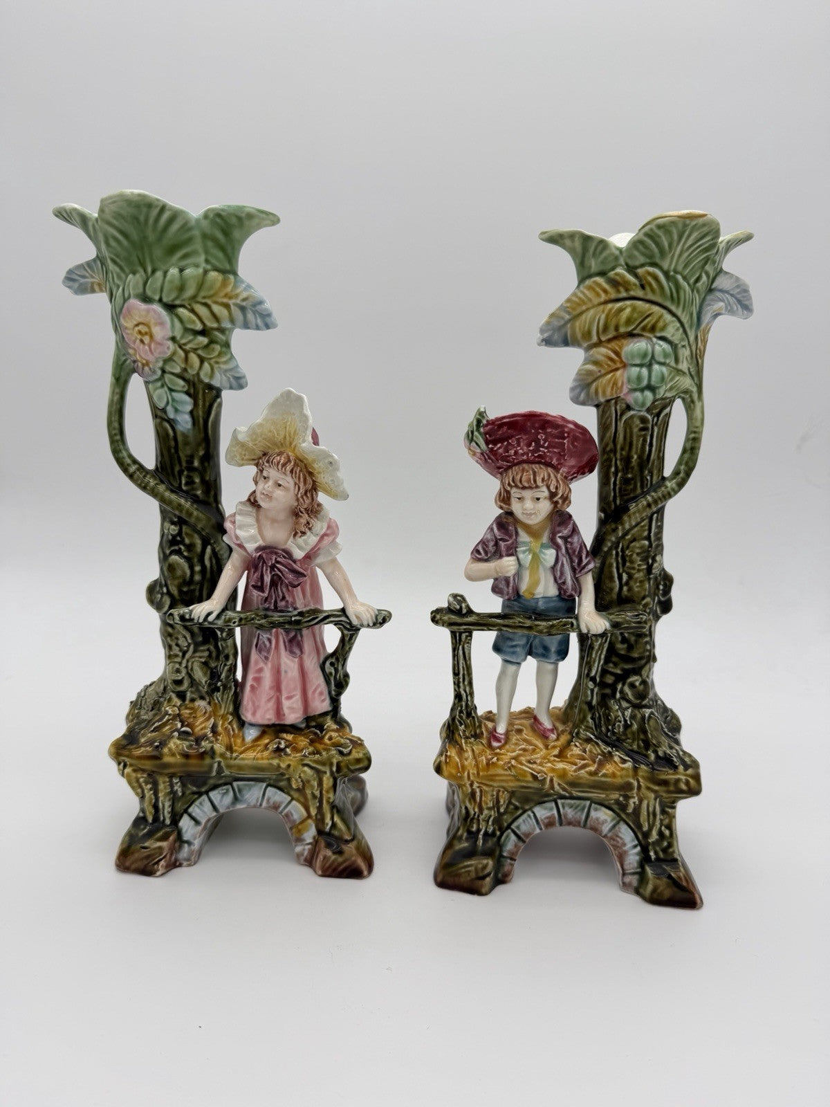 Antique Brothers Urbach Teplitz Bohemian Austrian Majolica Boy Girl Vase 11”
