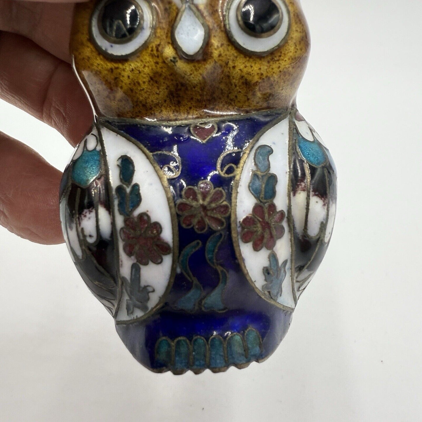 Vintage Cloisonne Chinese Brass Enameled Owl Figurine 3”