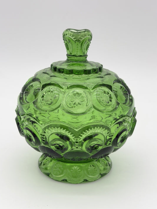 MCM LE Smith Art Glass Moon & Stars Lidded Compote / Candy Dish Green Emerald