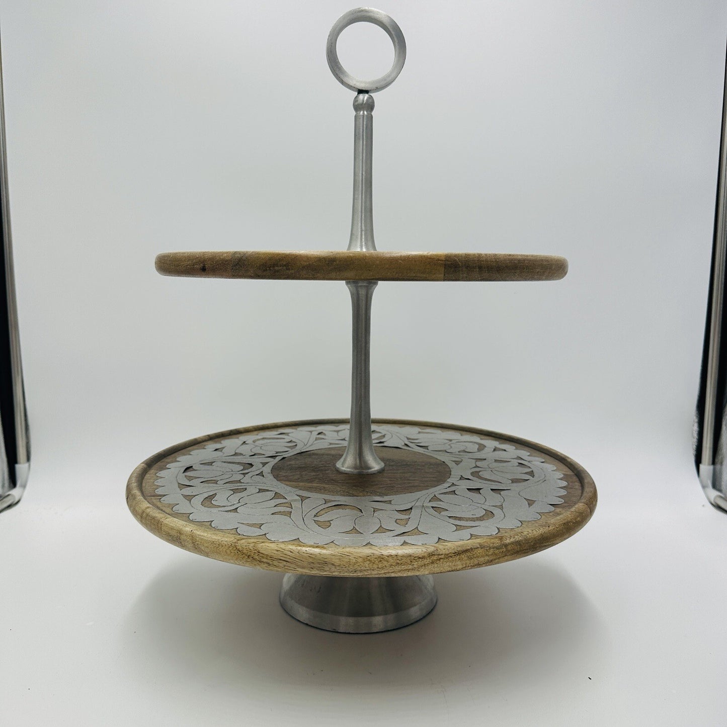 Rajasthan Artisans Cake Stand Brown 2 Tier Wood 17in H Farmhouse Country