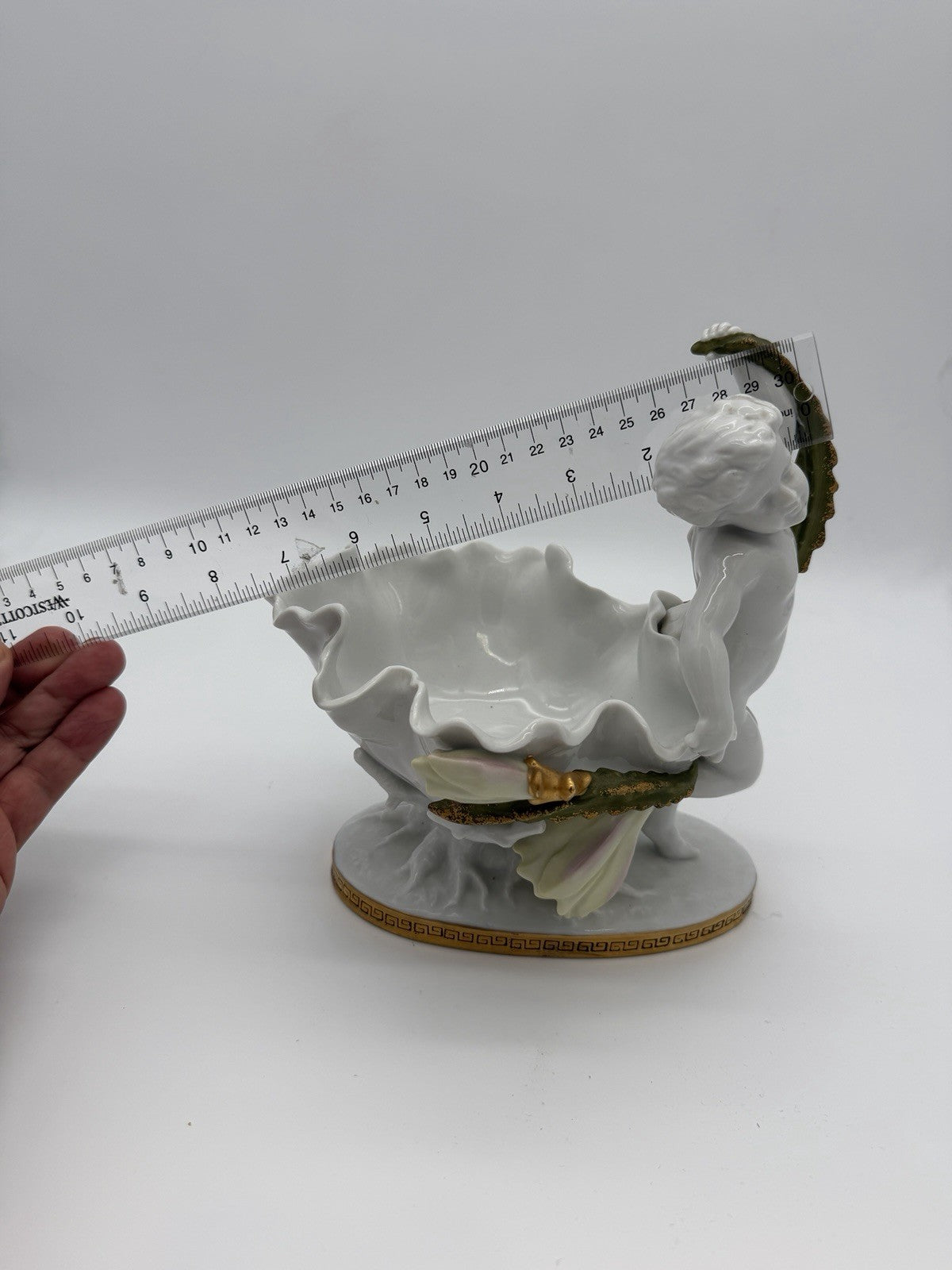 Antique Moore Bros White/Gold Trim Orchid Porcelain Putti Cherub Bowl Sculpture