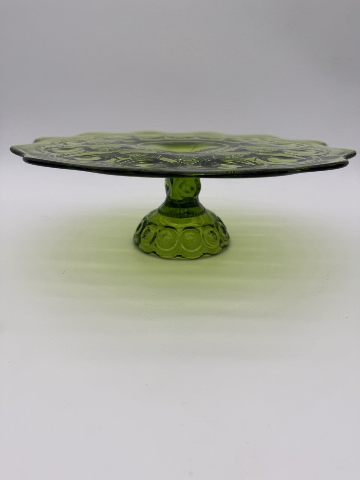 MCM LE Smith Moon & Star Cake Stand Heritage Green Art Glass Pastry Plate 11”