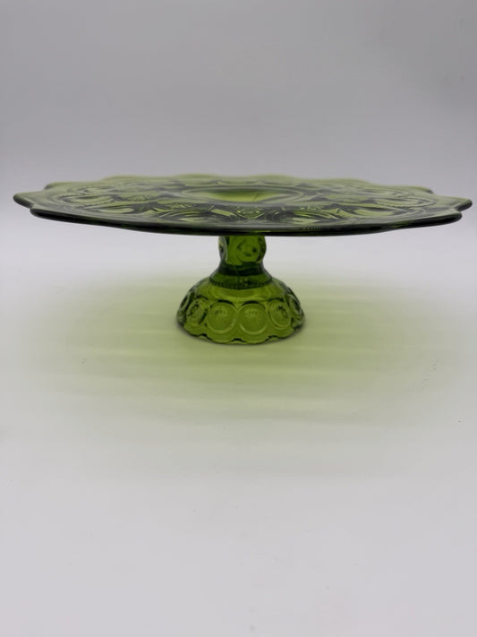 MCM LE Smith Moon & Star Cake Stand Heritage Green Art Glass Pastry Plate 11”