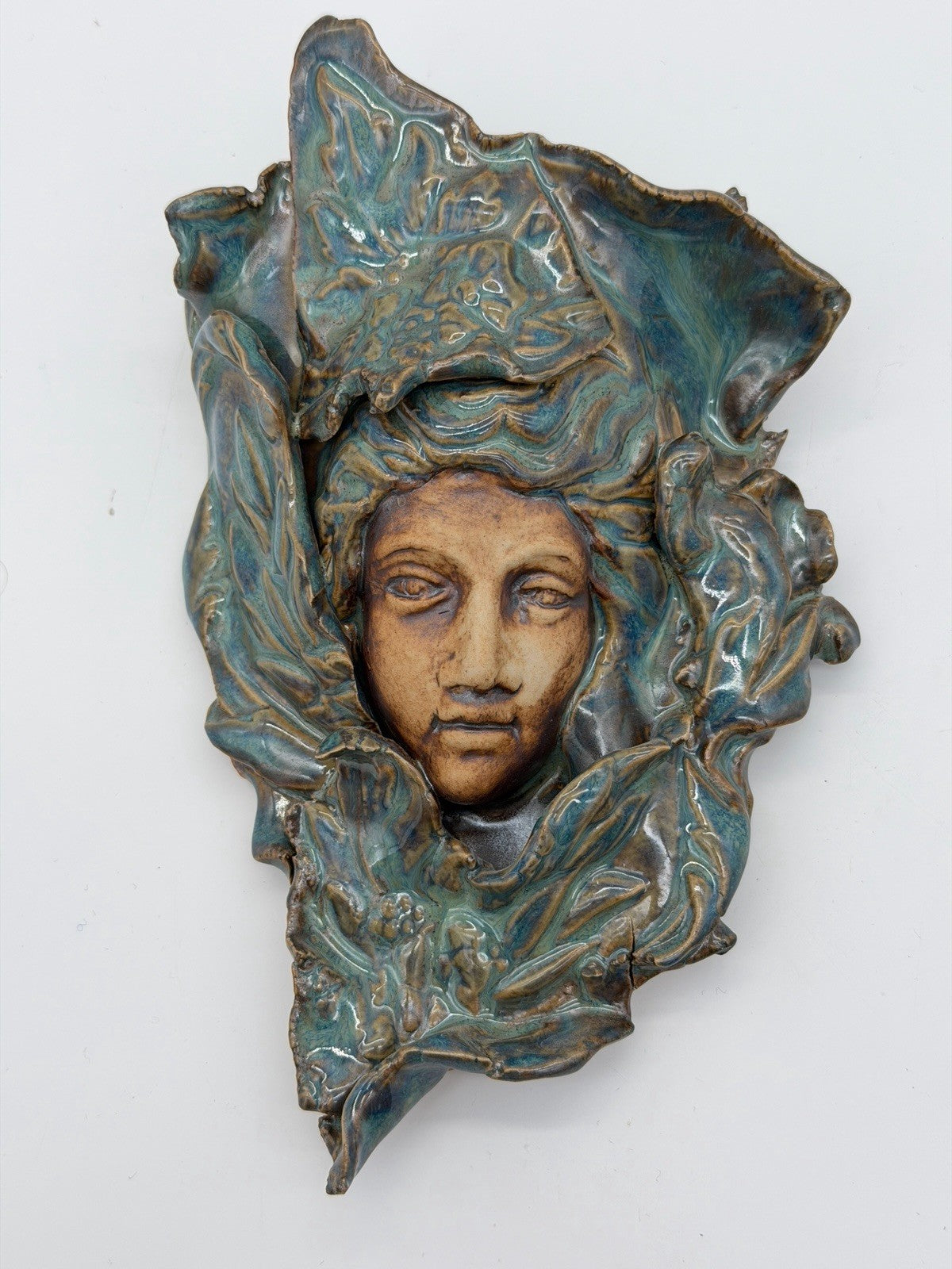 Art Nouveau Studio Art Pottery wall pocket sculpture Teal Blue Glossy 7.5”x4”
