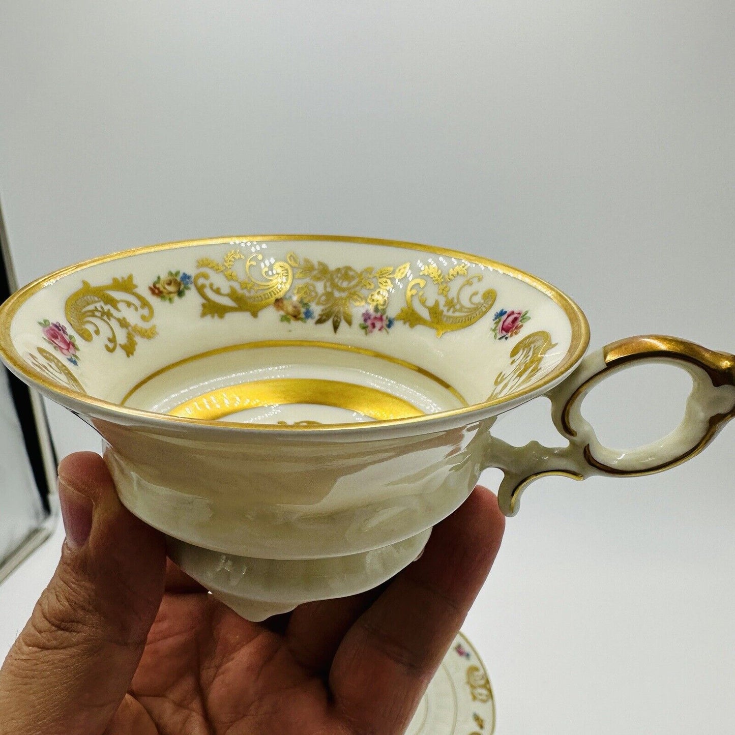 Hertel-Jacob Rehau Teacup Saucer Bavaria Porcelain 9624 Floral Gold Trim German