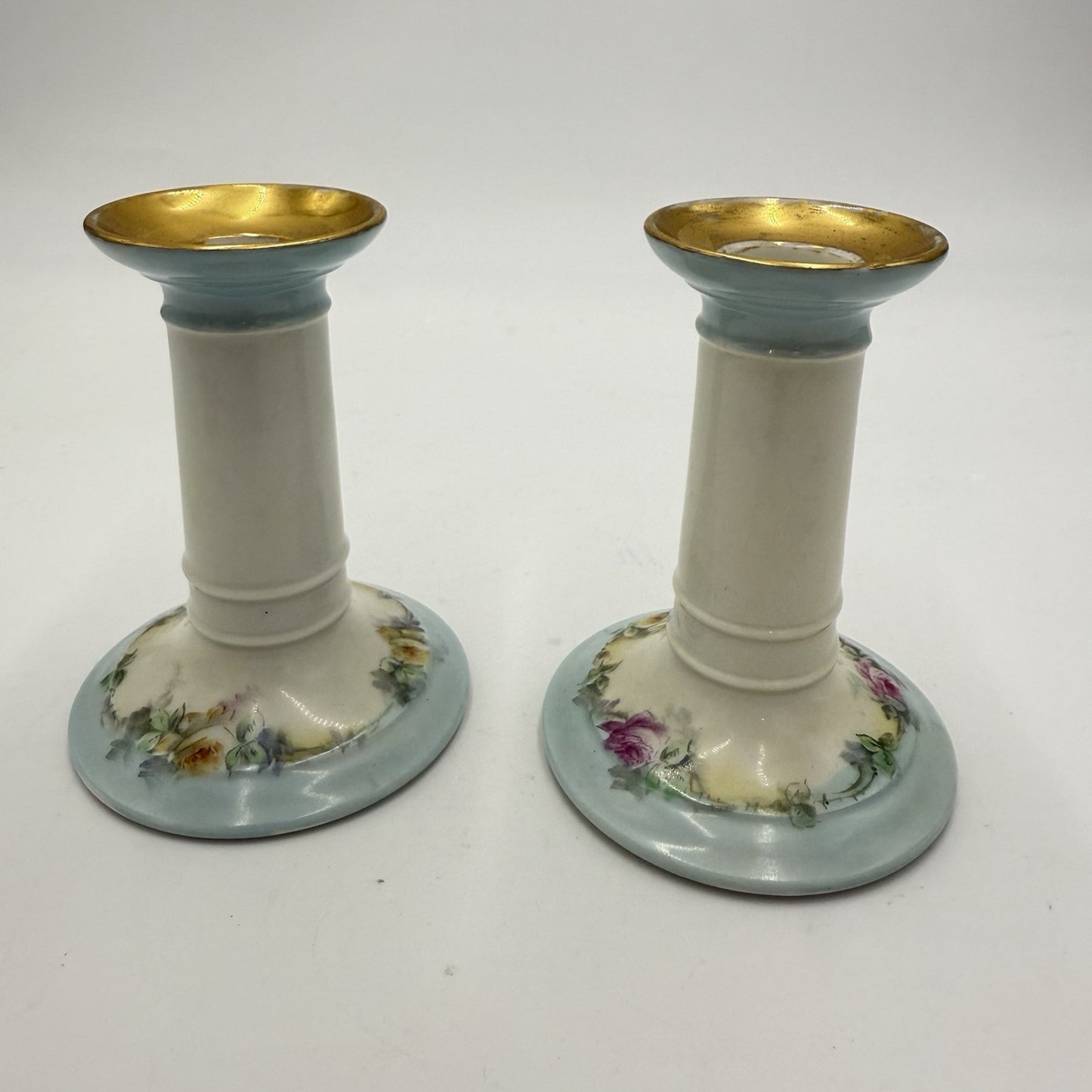 Antique Limoges France W.G. & Co Porcelain Pink Roses Candle Holders Painted