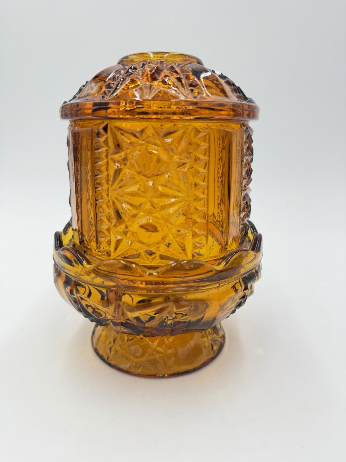 Vintage Indiana Art Glass Amber Stars & Bars Fairy Lamp Candle Holder Votive 7”
