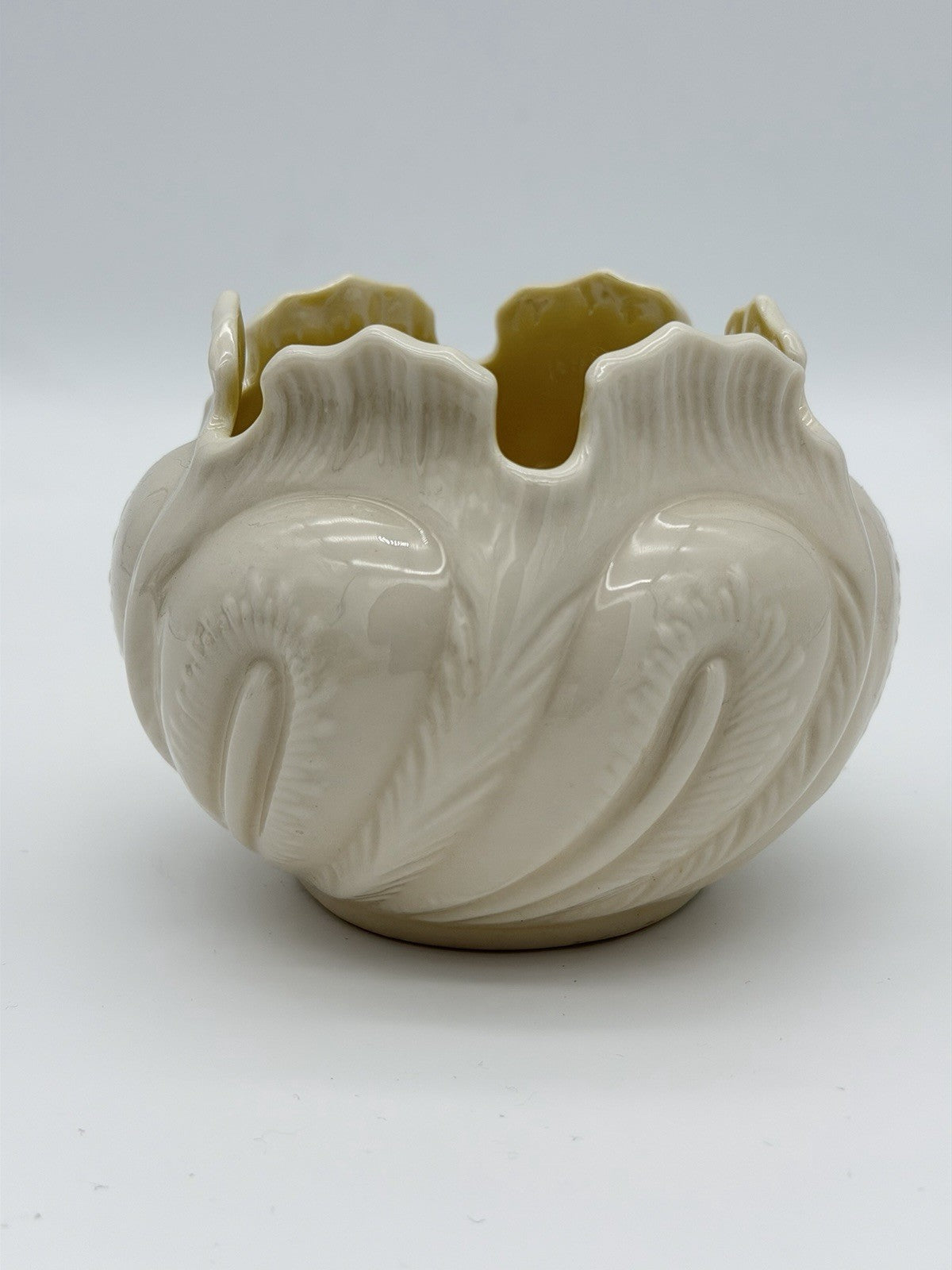 Belleek Ireland Porcelain Cabbage Leaf Planter Vase Yellow Luster  3 1/2” Vtg