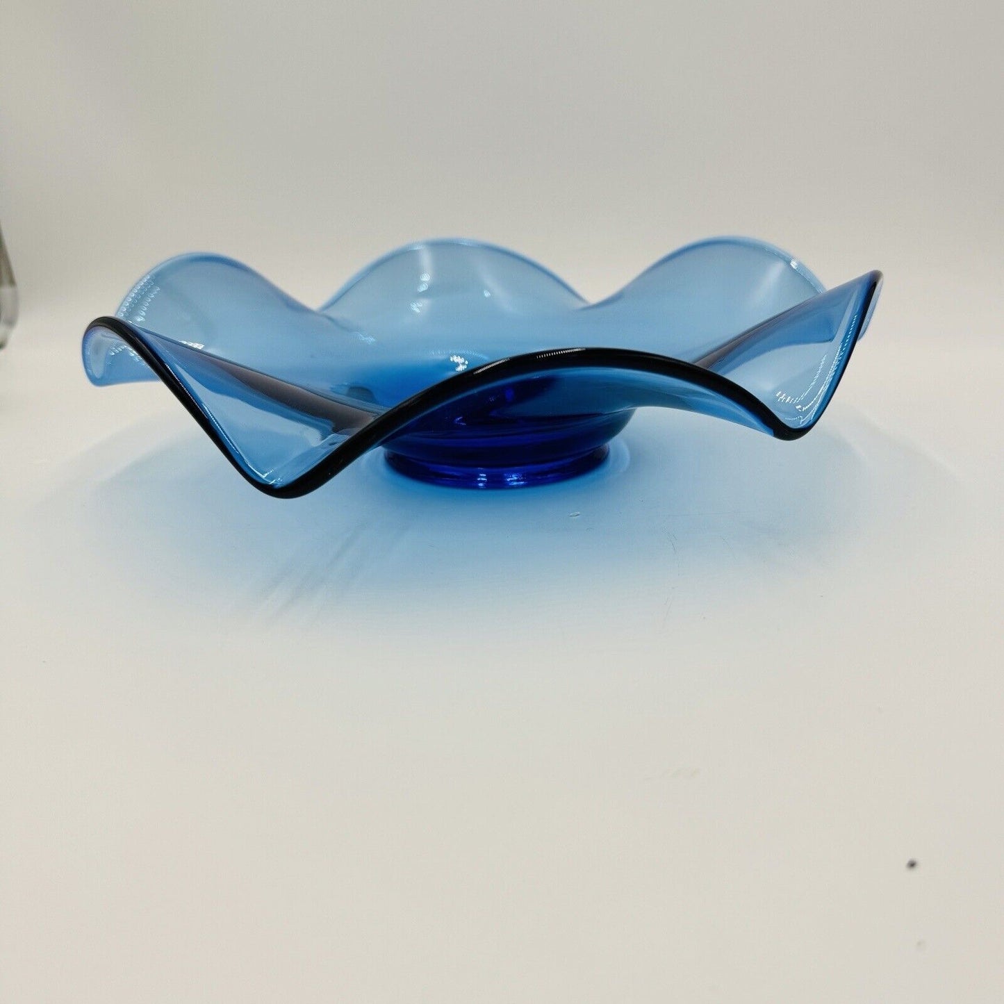 Viking Art Glass Bluenique Blue Ruffled 6 Petals Bowl 3in x 12in Rare MCM