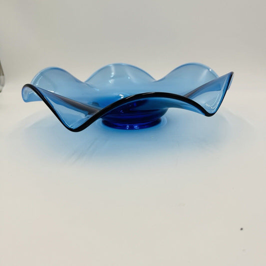 Viking Art Glass Bluenique Blue Ruffled 6 Petals Bowl 3in x 12in Rare MCM