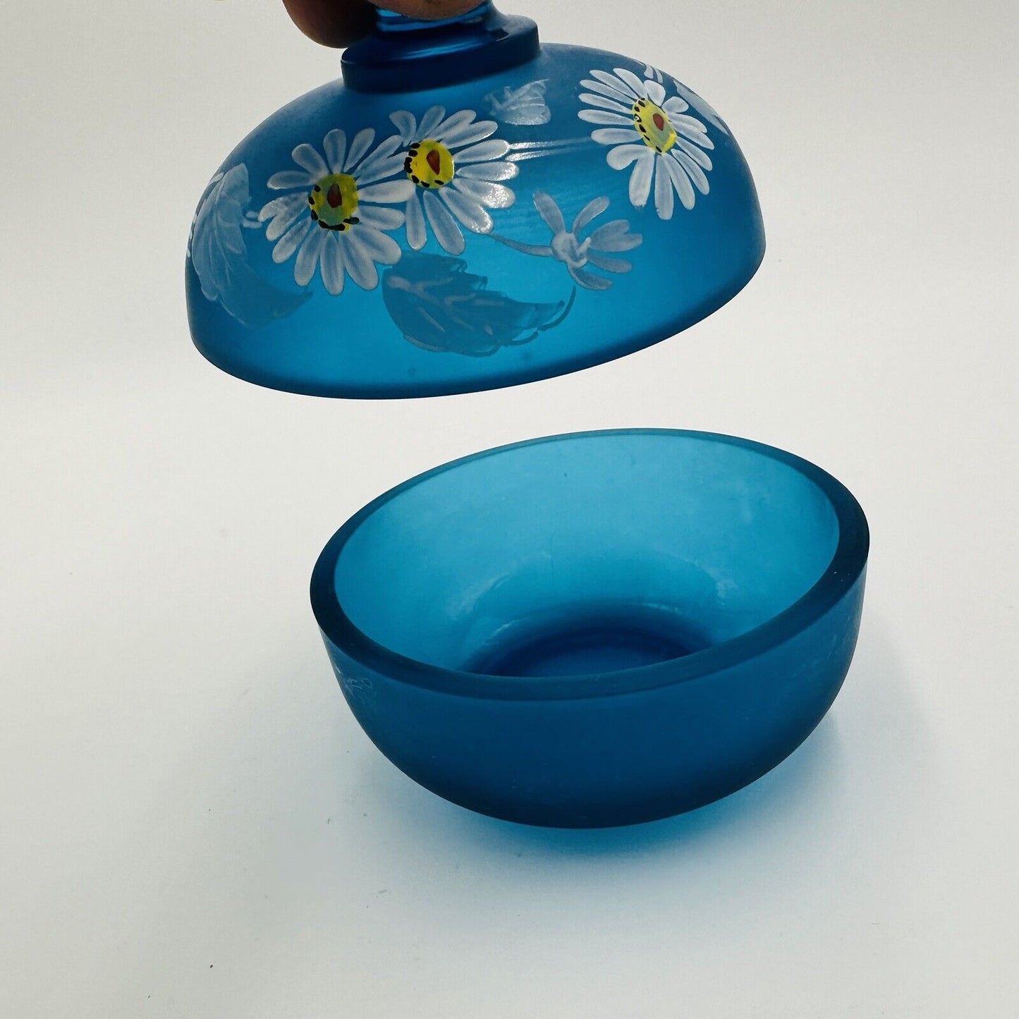 Westmoreland Vanity Dish Blue Satin Glass Lidded Trinket Hand Painted Daisies