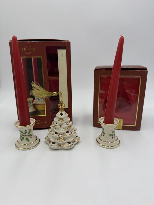 Lenox USA Porcelain Holiday Tapers Candlesticks & Bejeweled Tree Ornament