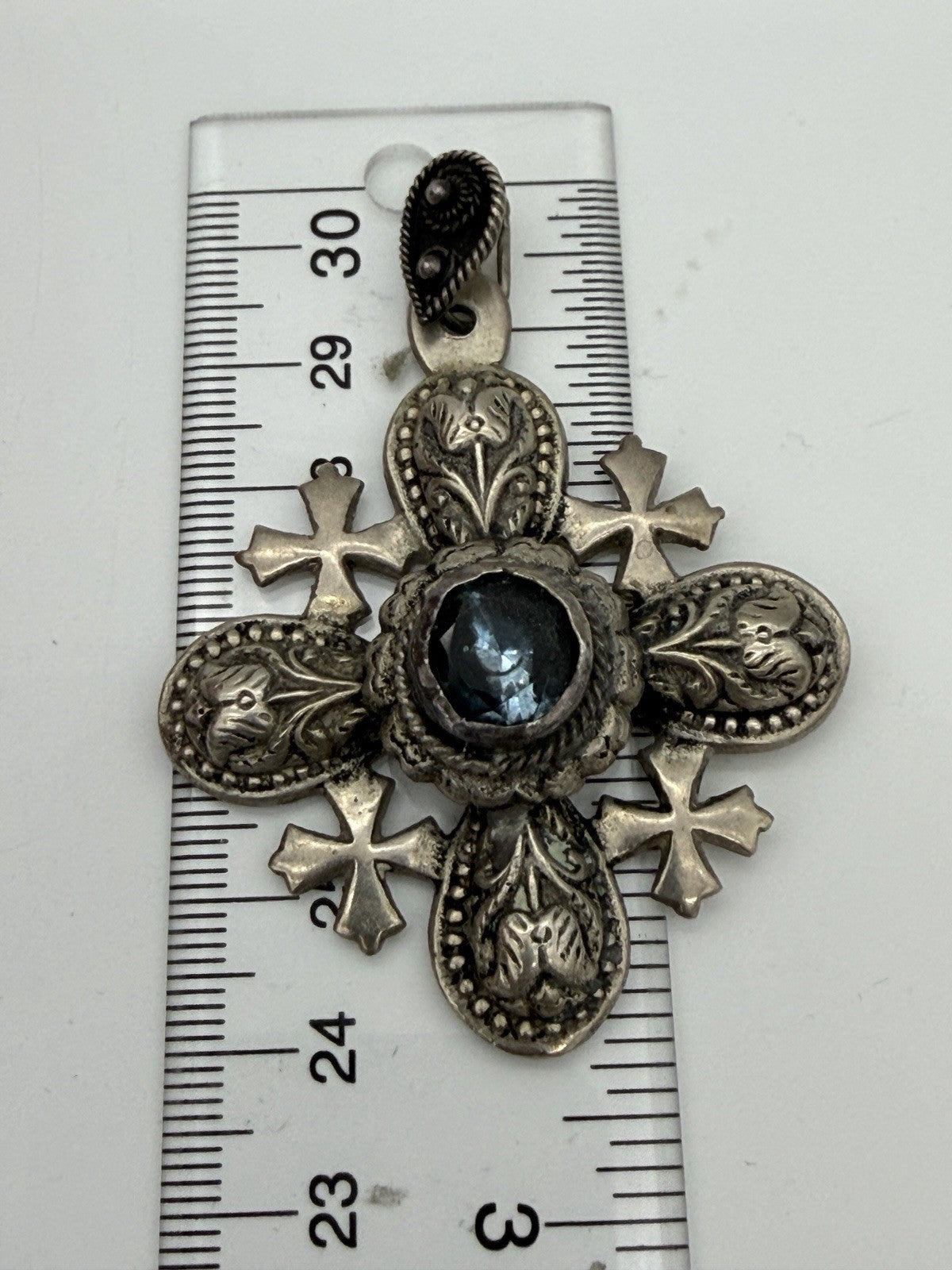 Vintage Ornate 950 Silver Jerusalem Cross 2.5”Pendant 33g Blue Onyx /cabochon