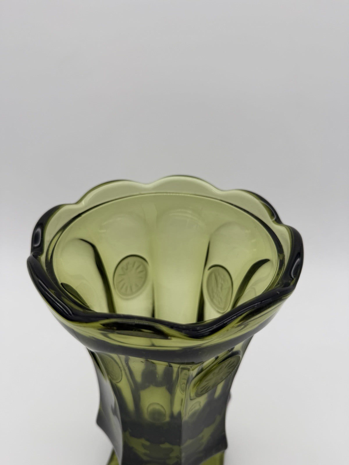 Fostoria Art Glass Embossed Coin 13”H olive Green Compote Lidded Urn Vase