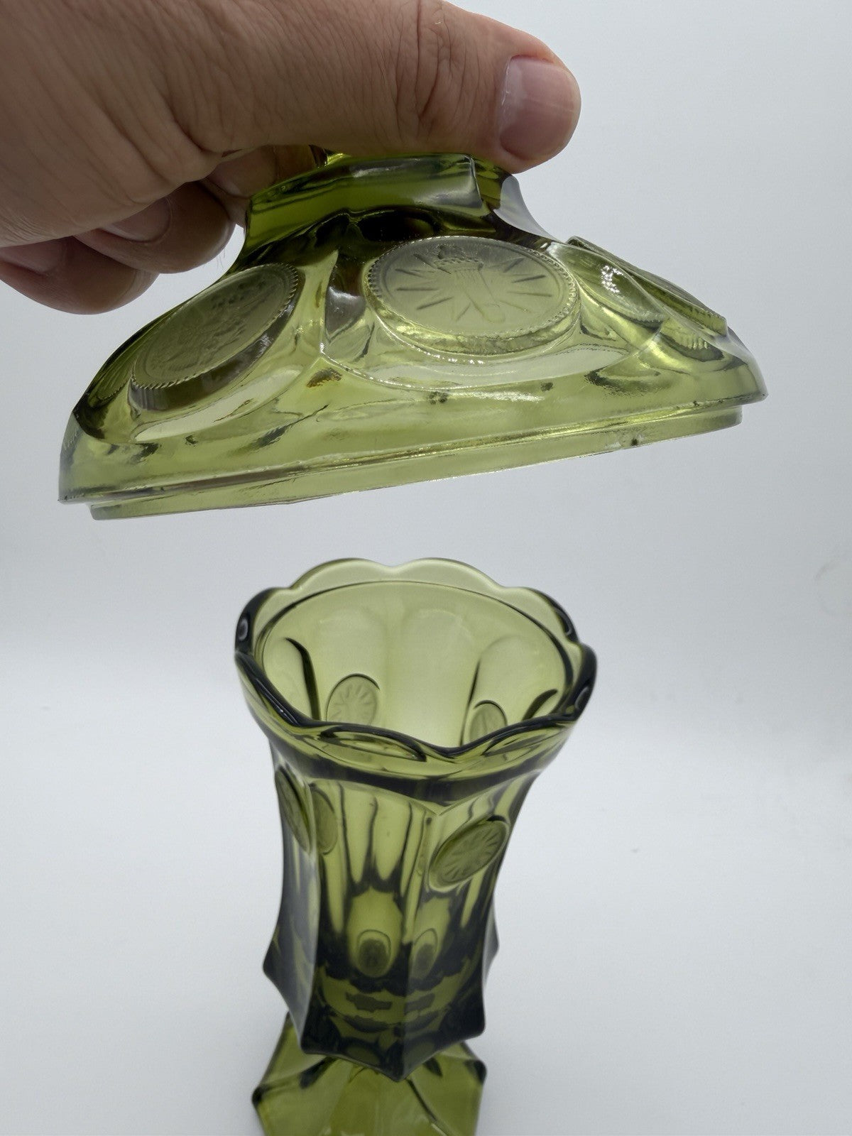 Fostoria Art Glass Embossed Coin 13”H olive Green Compote Lidded Urn Vase