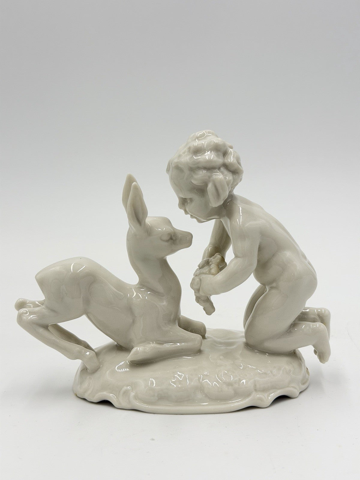 Hutschenreuther Kunstabteilung Putto w/Fawn German Porcelain Figurine Vtg 4”H
