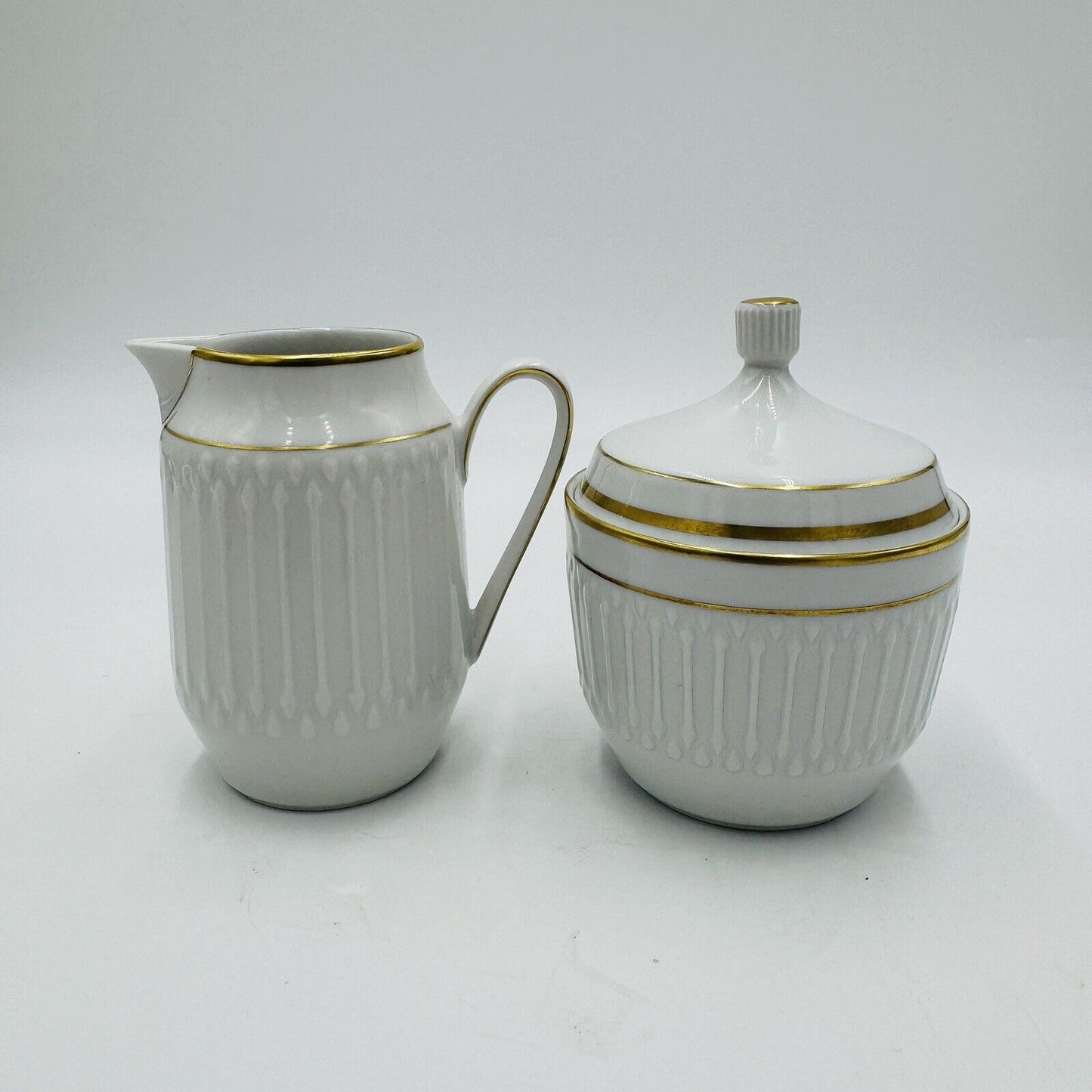 Rare Hutschenreuter Luxor Germany Porcelain 3106 Creamer & Sugar White Gold Trim