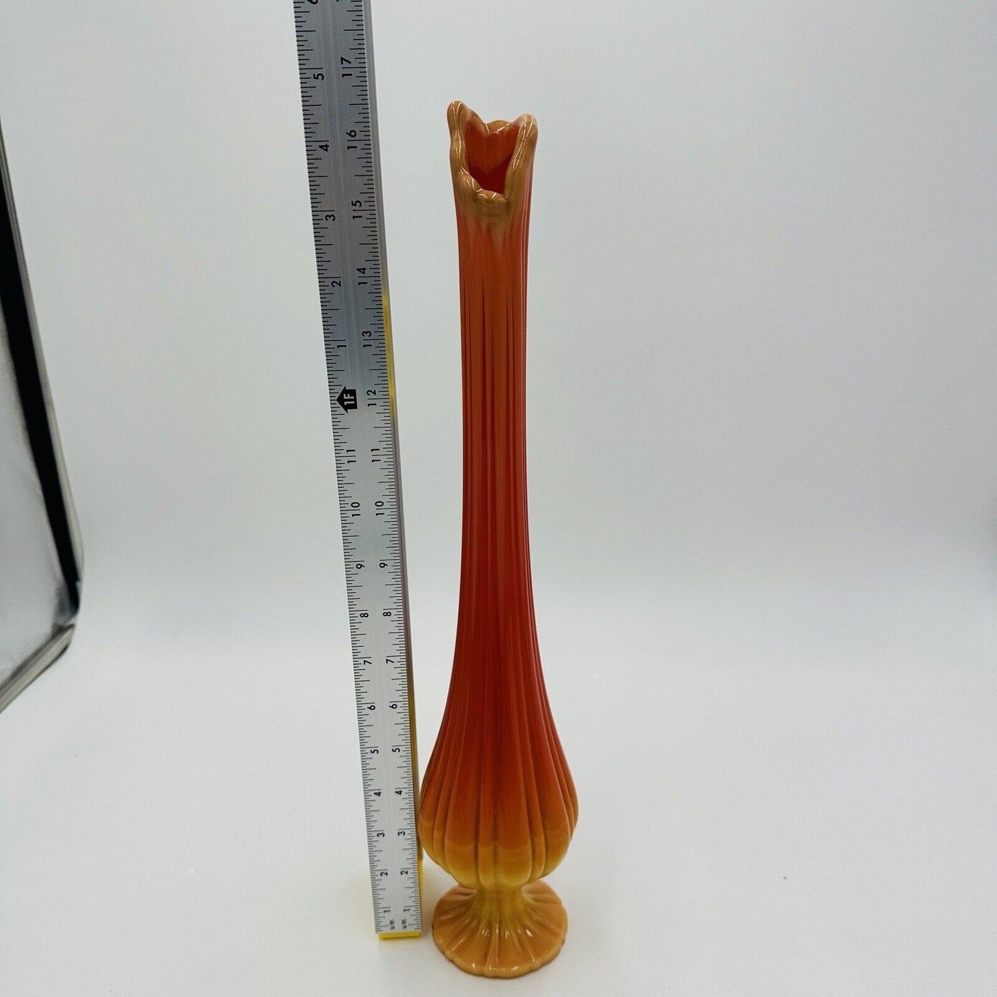 LE Smith Vase Bittersweet Swung Glass Orange 16.5in Tall MCM Floor Large Vintage