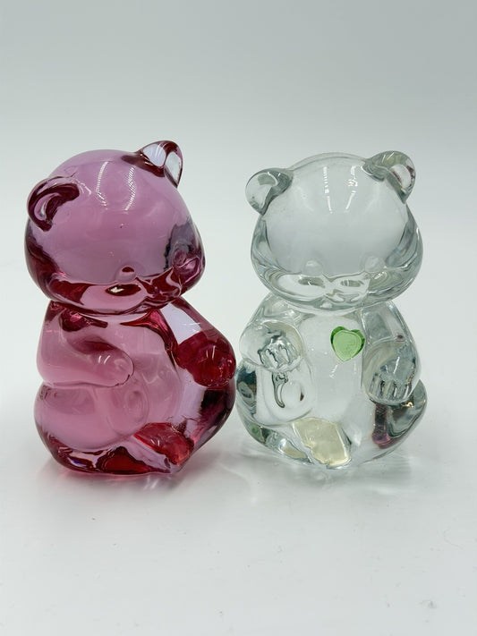 Fenton Art Glass Miniature Pink Rose & Clear Glass Bear 2.75" Figurines Vintage
