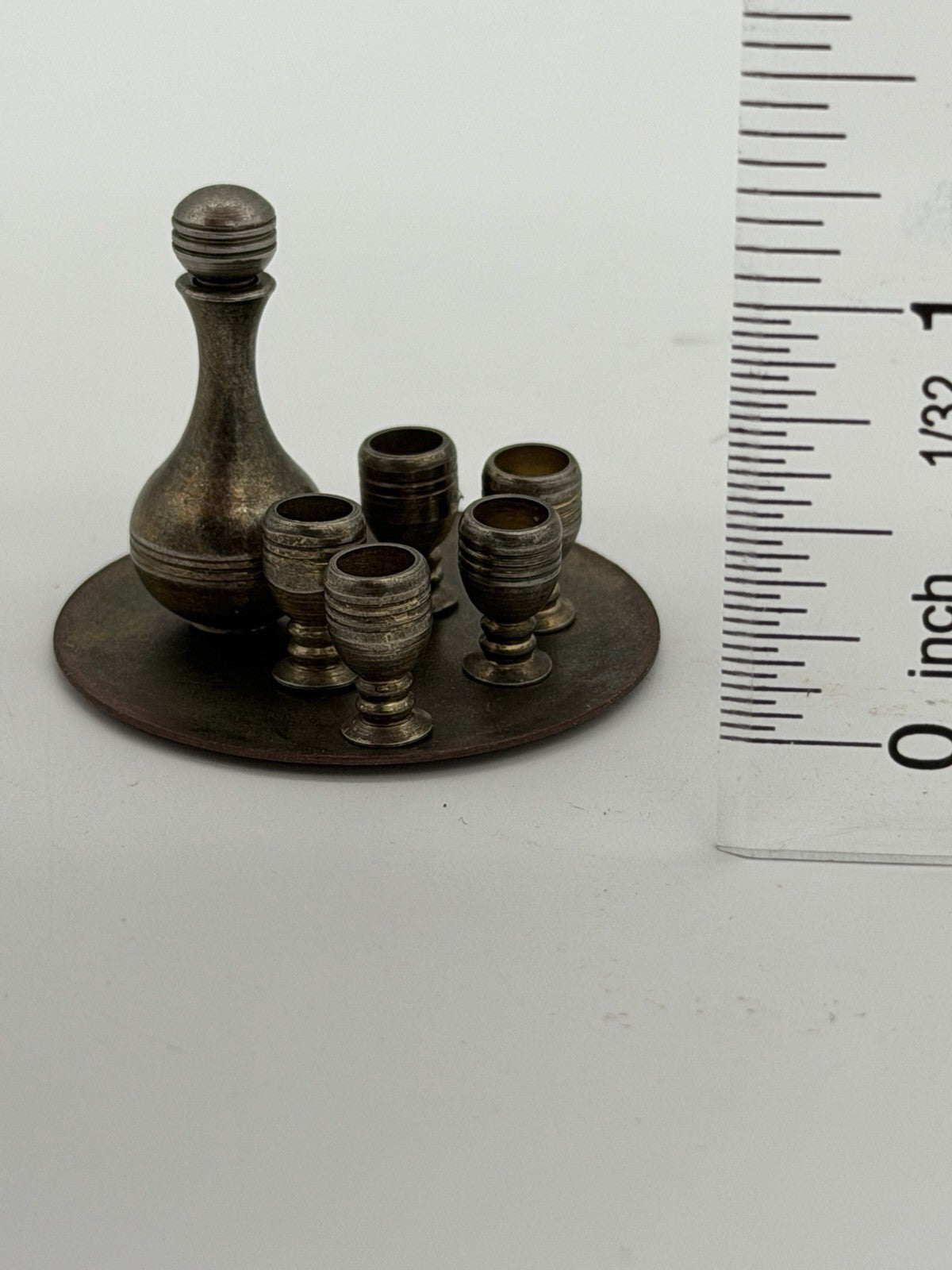 Vintage Dollhouse Miniature Brass 7pc Wine Set Tray Mini Goblets & Decanter 1:12