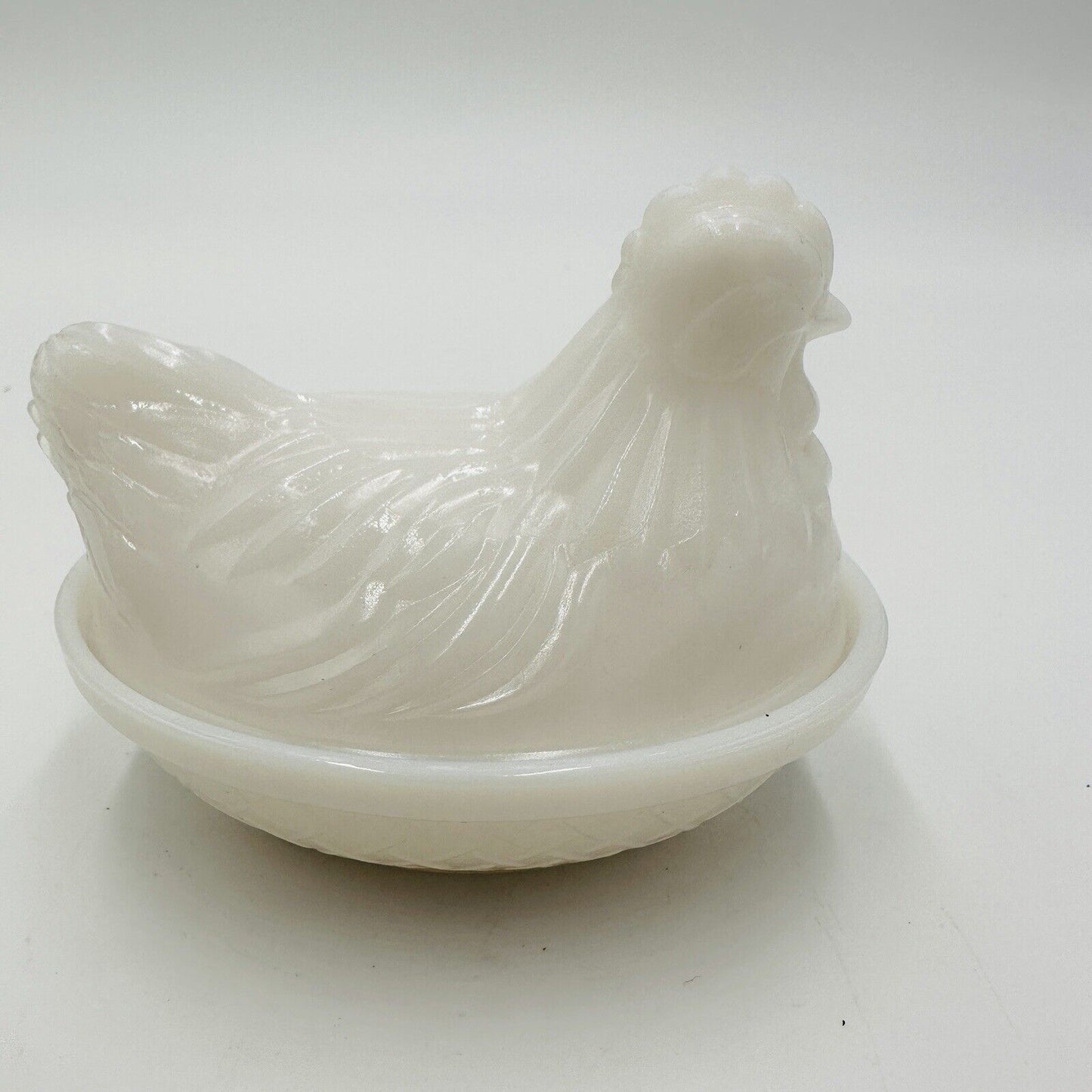 Chicken on Nest Candy Dish Hazel Atlas Platonite Milk Glass Hen 4 1/2" Lid White