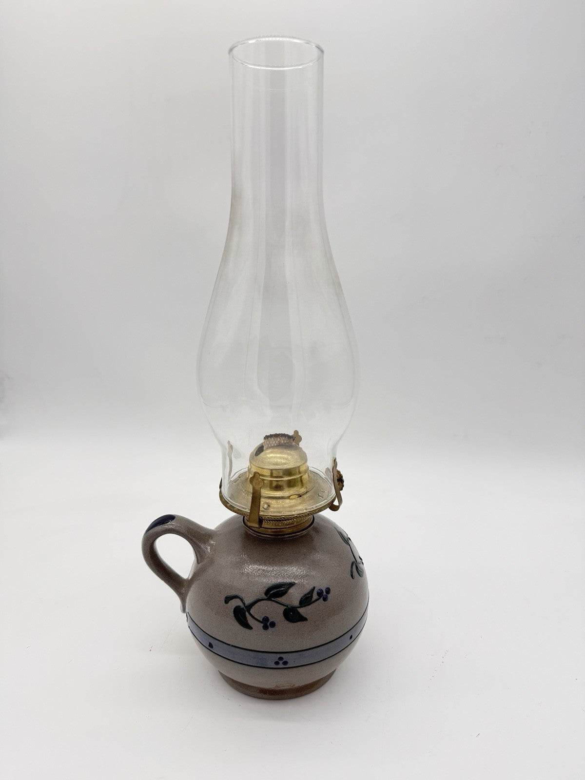 Rare Rowe Pottery Works Salt Glazed USA Oil Lamp Floral Pattern Painted 15”