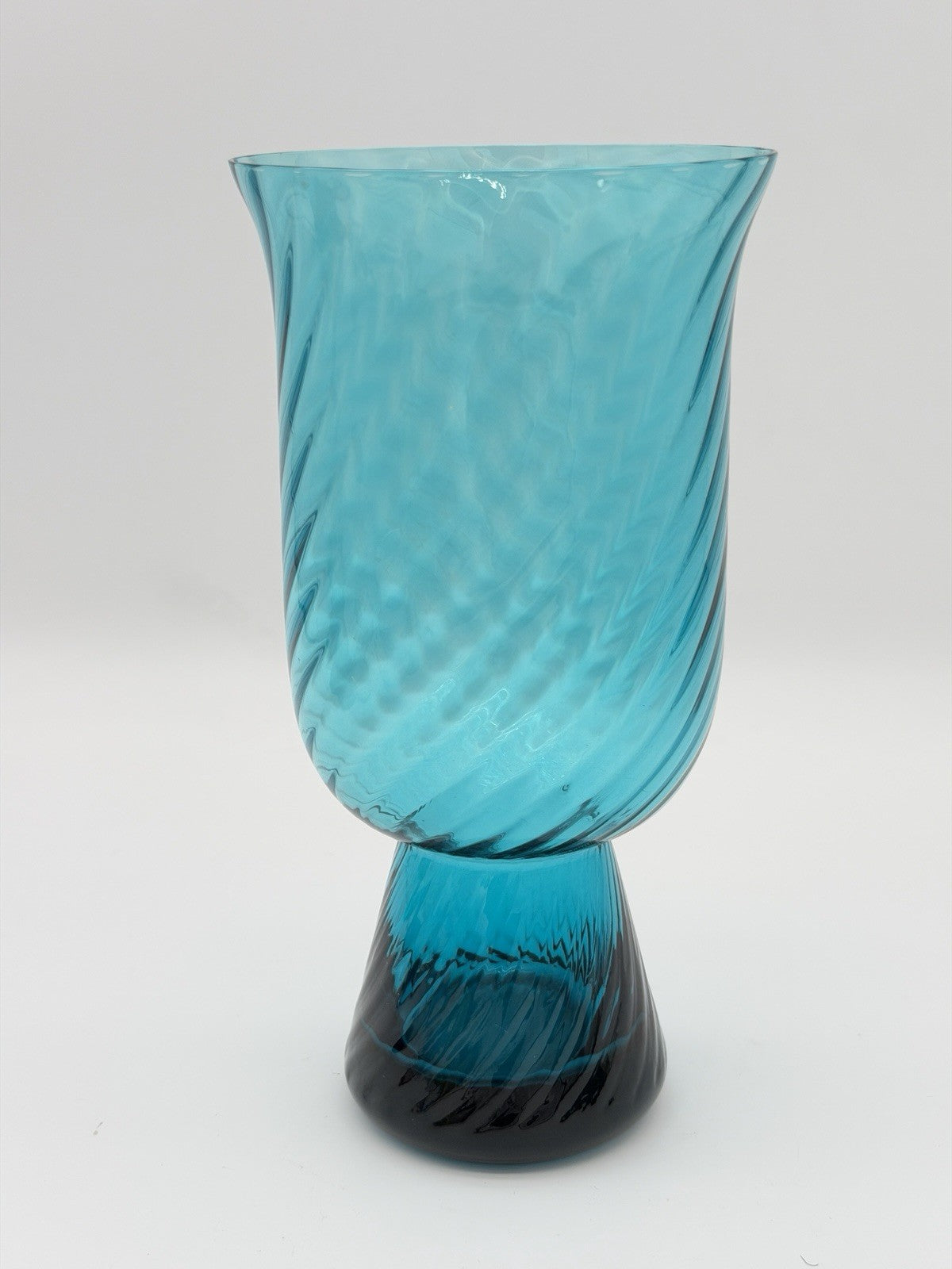 Empoli Italy Handblown Art Glass Diamond Optic Teal Pedestal Vase 8.5” Swirl