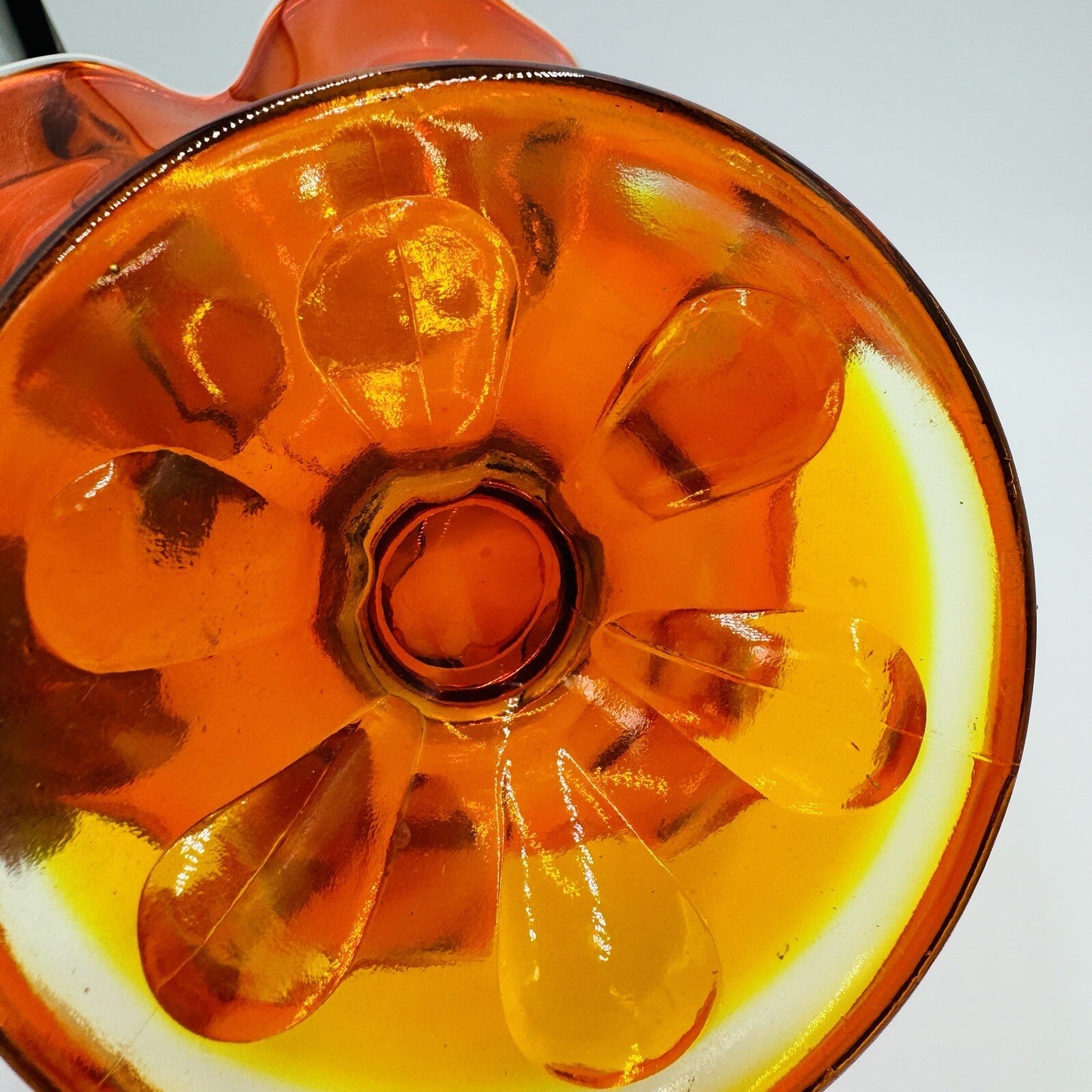 Viking Art Glass MCM Footed Amberina Orange Compote Epic 6 Petals Bowl 7.5”x 11"