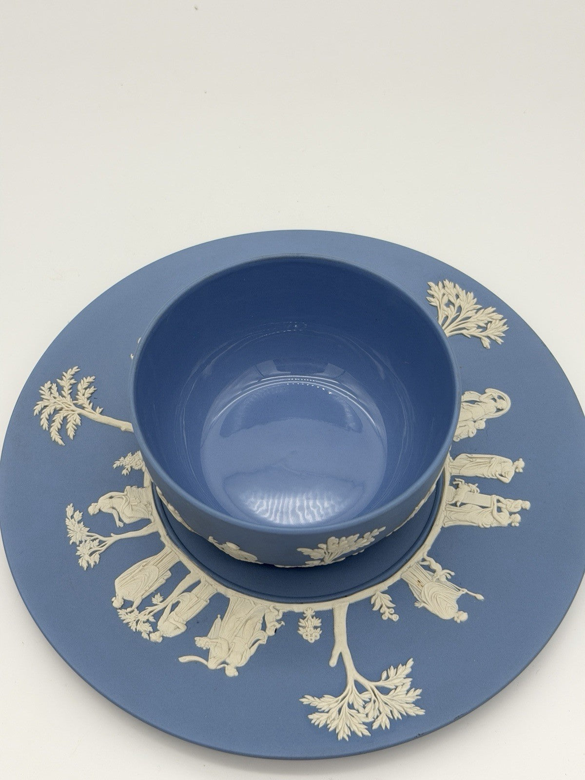 Wedgwood Jasperware England Blue/white Plate & Bowl Porcelain Set Vintage