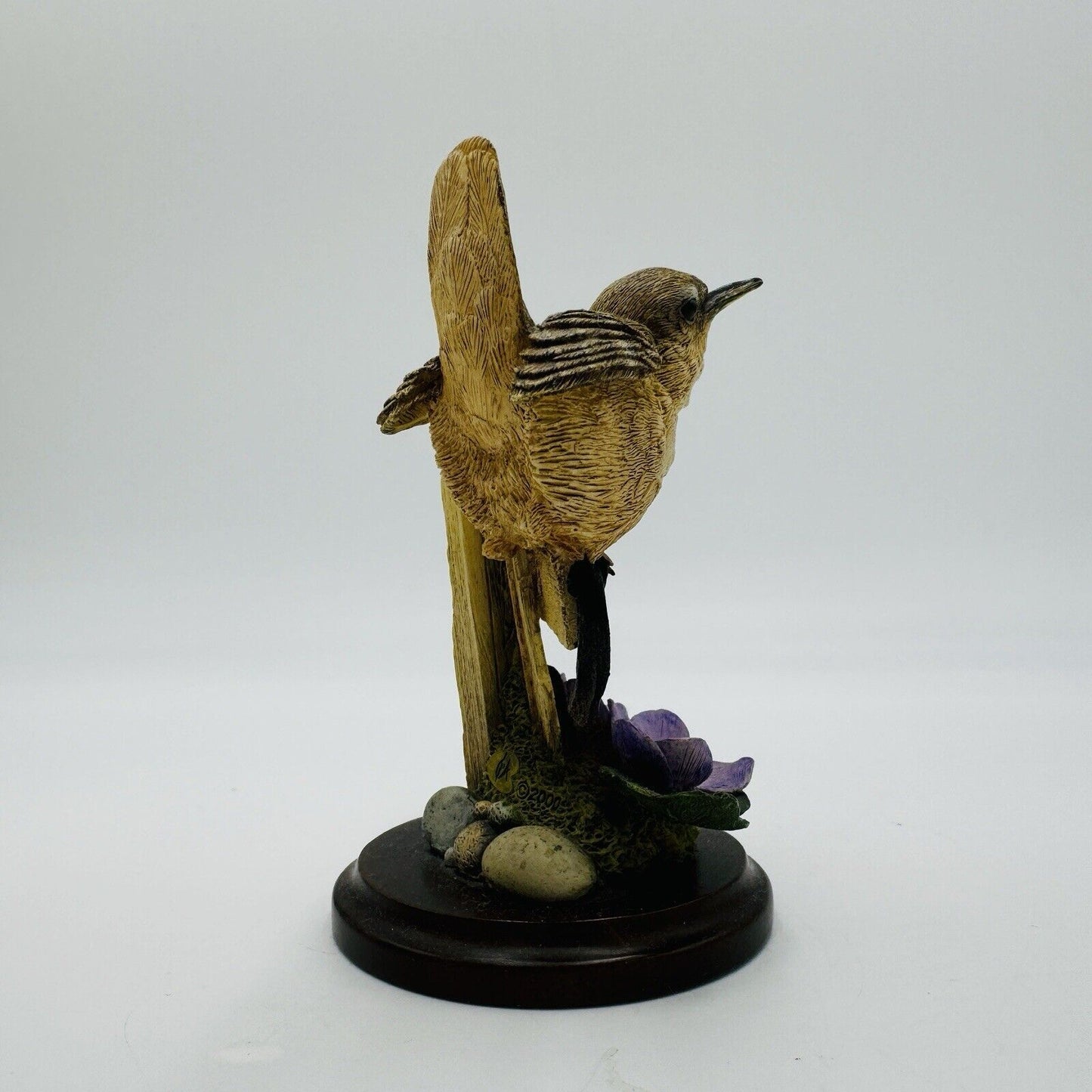 Country Artists Hand Painted House Wren w Violets Wood Base Figurine Vintage 4”