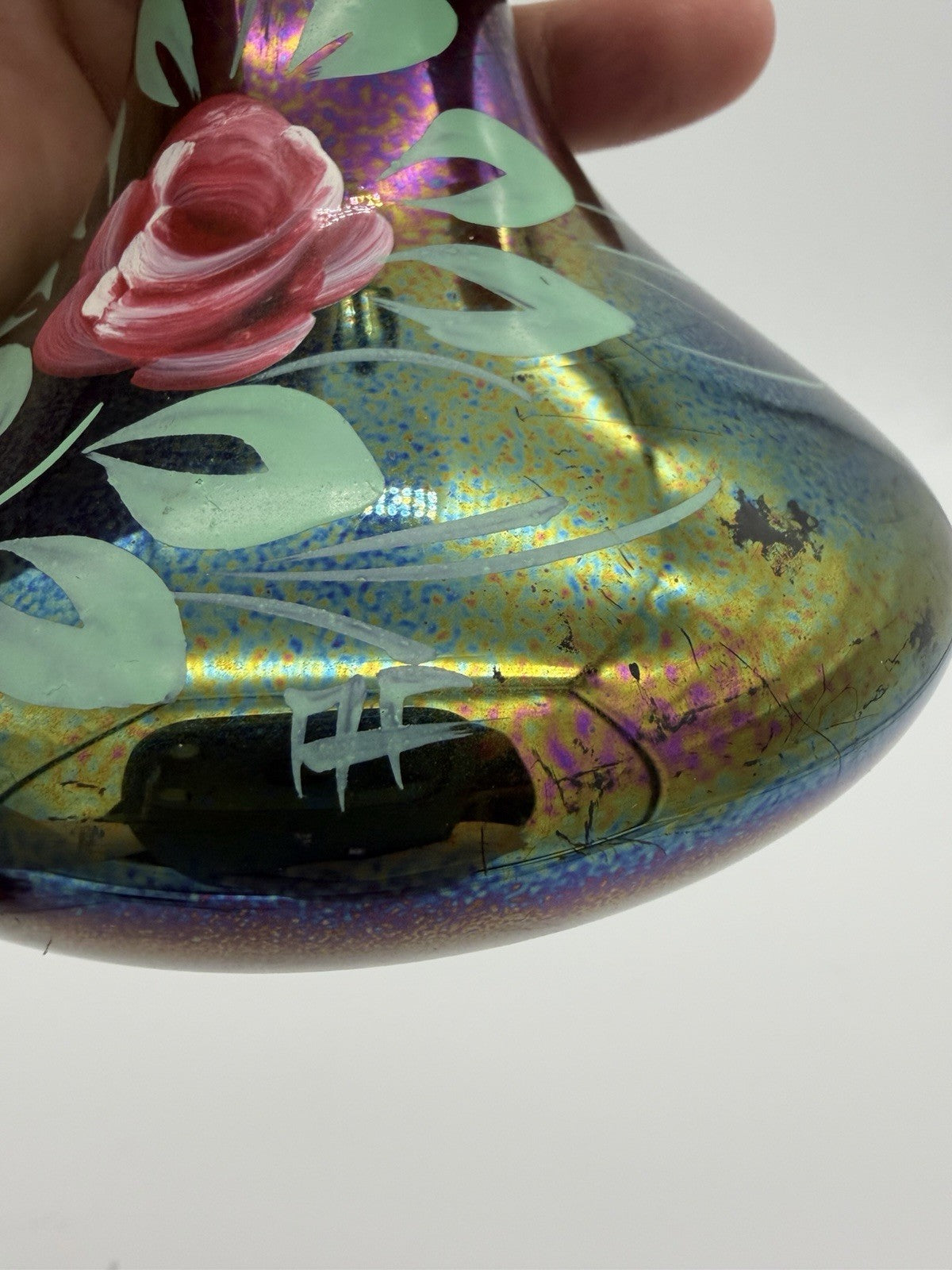 Vintage Art Nouveau Iridescent Art Glass Painted Rose Signed Vase 9”H