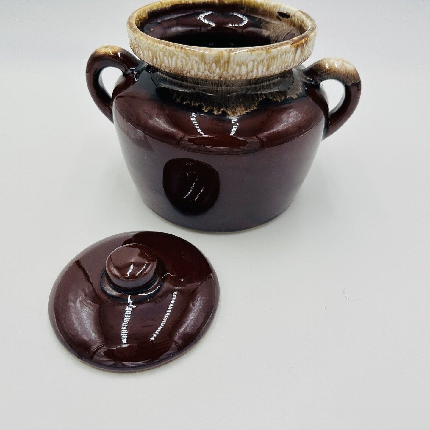 McCoy Pottery Bean Pot Brown Drip Glaze Lidded Handled #341 Vintage USA