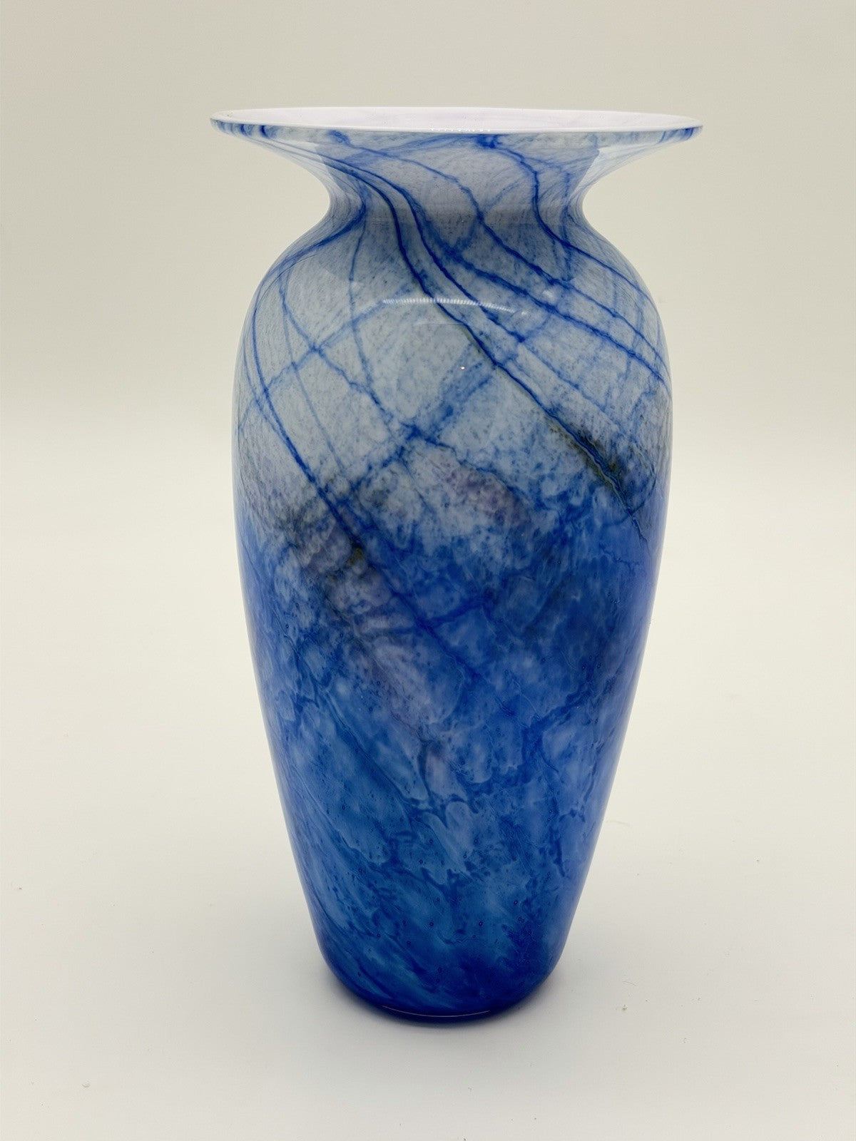 Michael Nourot Studio Art Glass 7.5”H White Cased Blue Vintage Vase 1984