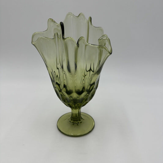 Fenton Vase Glass Colonial Green Thumbprint Handkerchief Compote Ruffled Art