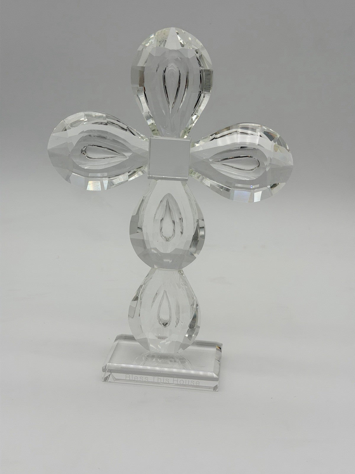 Oleg Cassini Diamond Cut Art Crystal Cross Bless This House Figurine Signed 8.5”