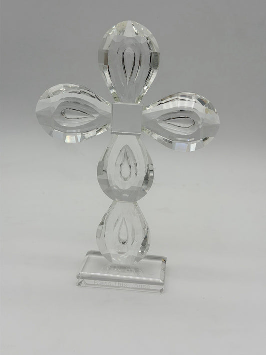 Oleg Cassini Diamond Cut Art Crystal Cross Bless This House Figurine Signed 8.5”