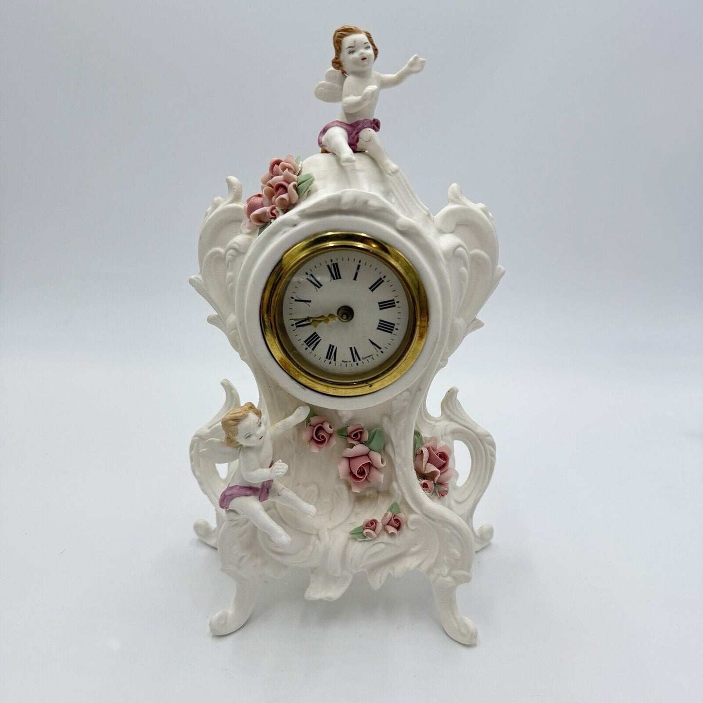 Vintage 1955 Louis Pierlot German Ceramic W/ Brass Mechanism WindUp Clock 9”