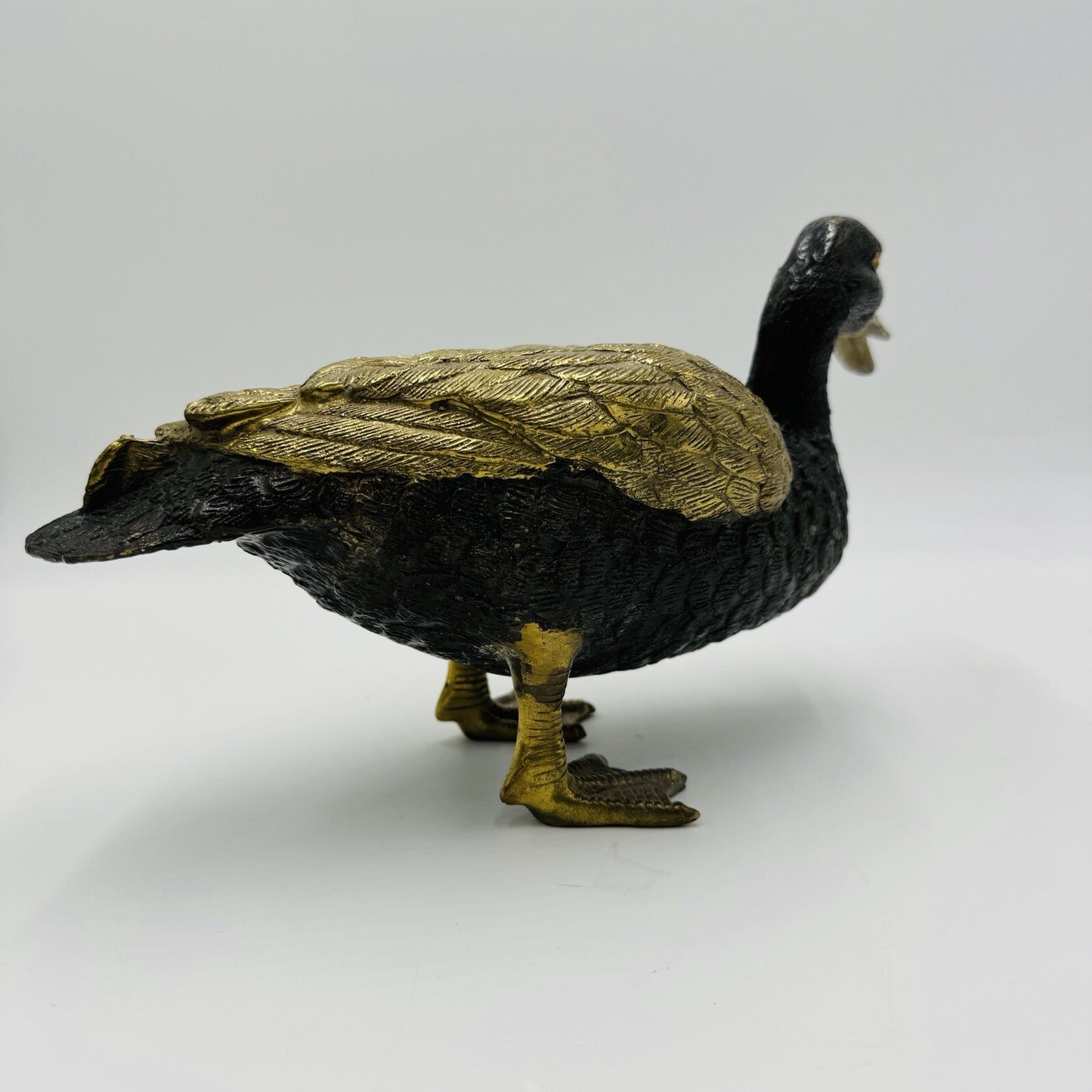 MCM Solid Brass Duck Mallard Sculpture Detailed Vintage 6in H x 11in L Rare