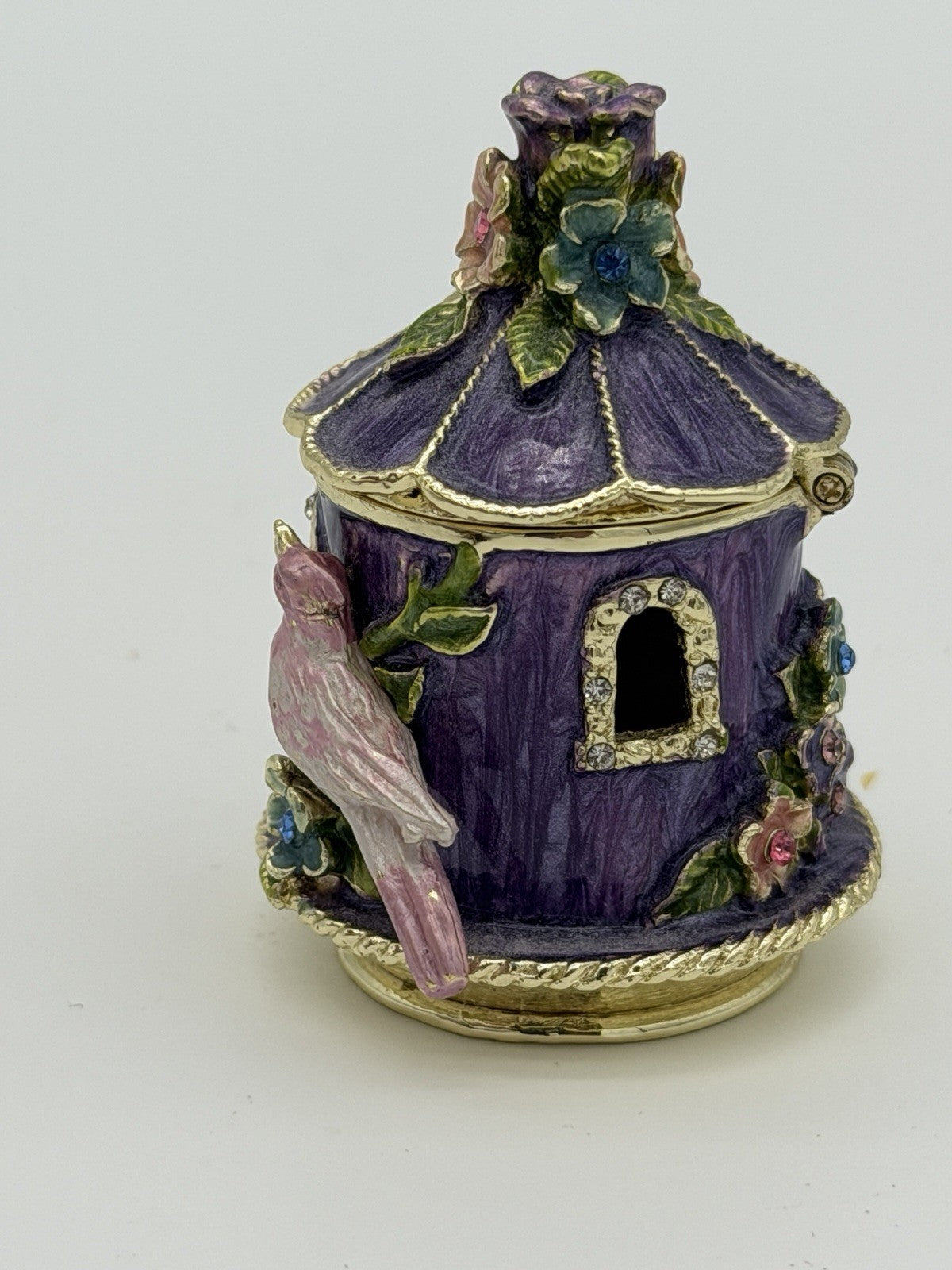 Enamel Purple Gold Gilt Birdhouse Trinket Box Jewelry Box Pink Purple Metal 2”