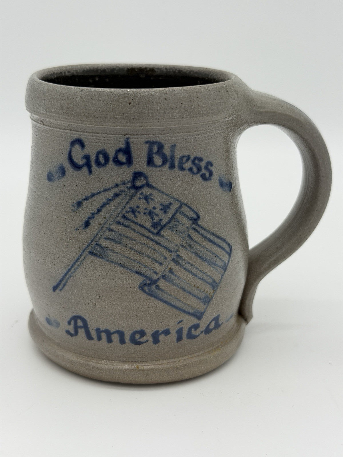 Rowe Pottery Salt Glazed God Bless America Coffee Mug American Flag Patriotic