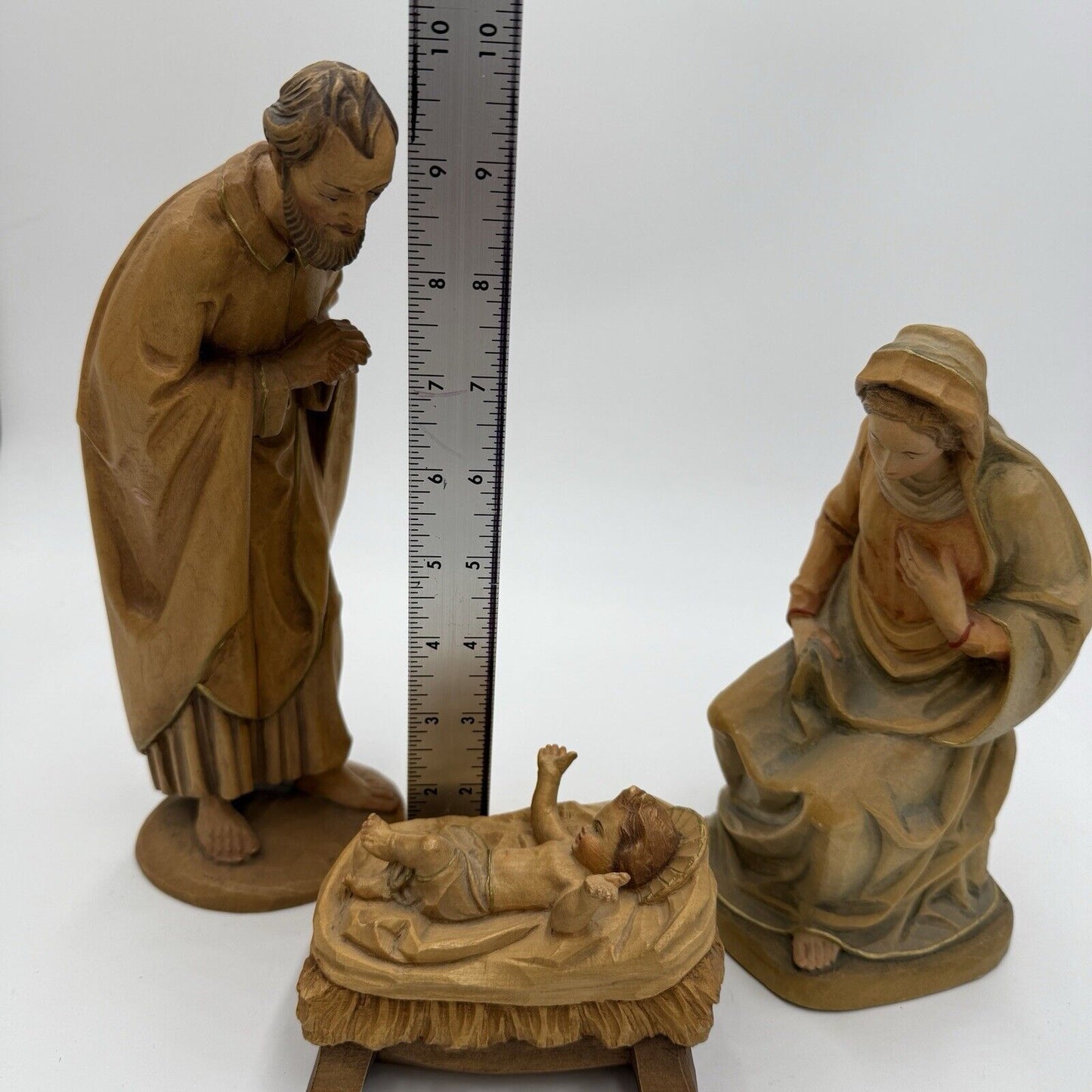 vintage ANRI KARL KUOLT wood carvings ITALY nativity large set 10” folk art