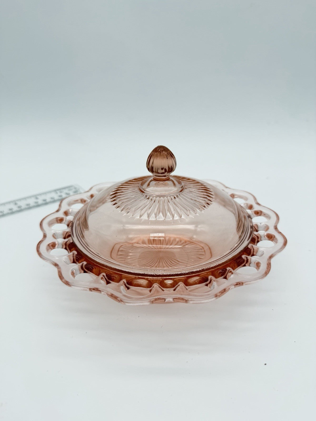 Vtg Anchor Hocking Art Glass Old Colony Lace Edge Pink Depression Butter Dish