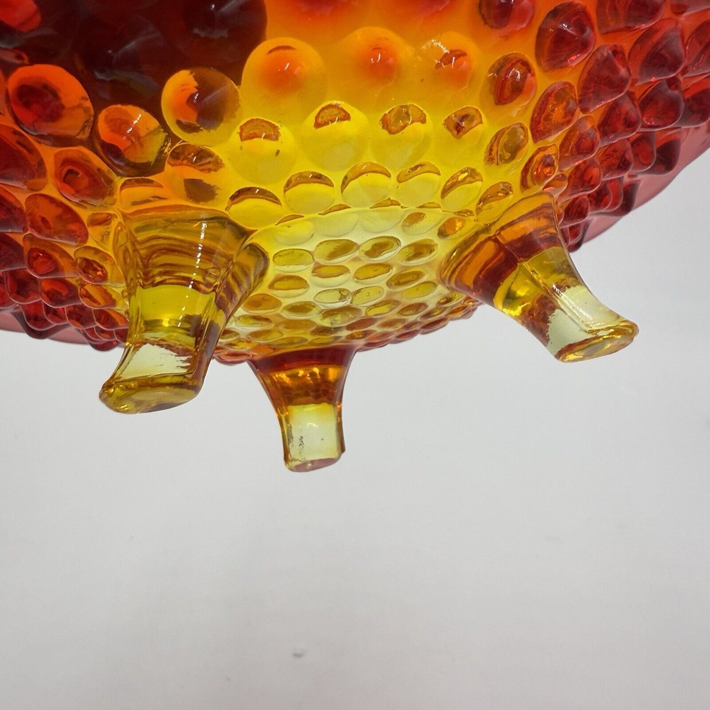 Vintage Fenton Art Glass AMBERINA Hobnail Footed Dish Bowl 7” Red/Orange