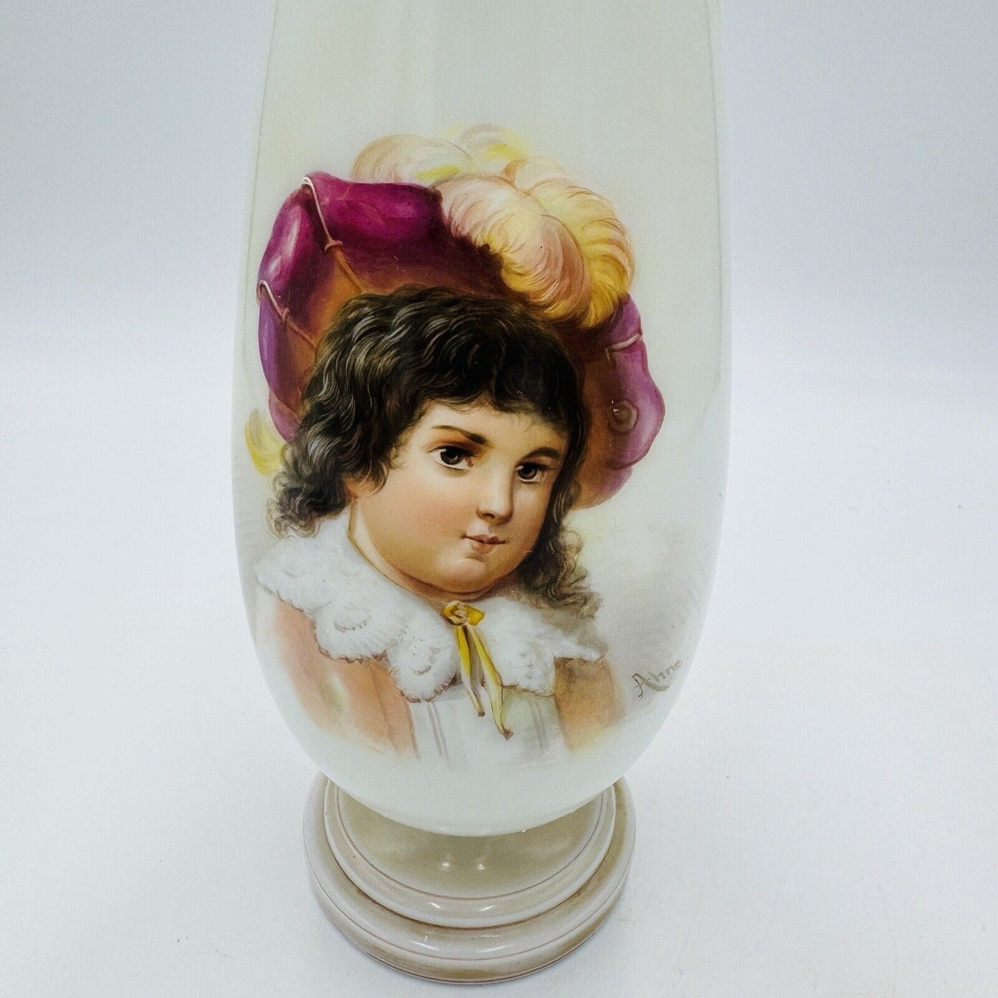 Antique Bohemian Opaline Art Glass Vase Painted & Signed Portrait 9"