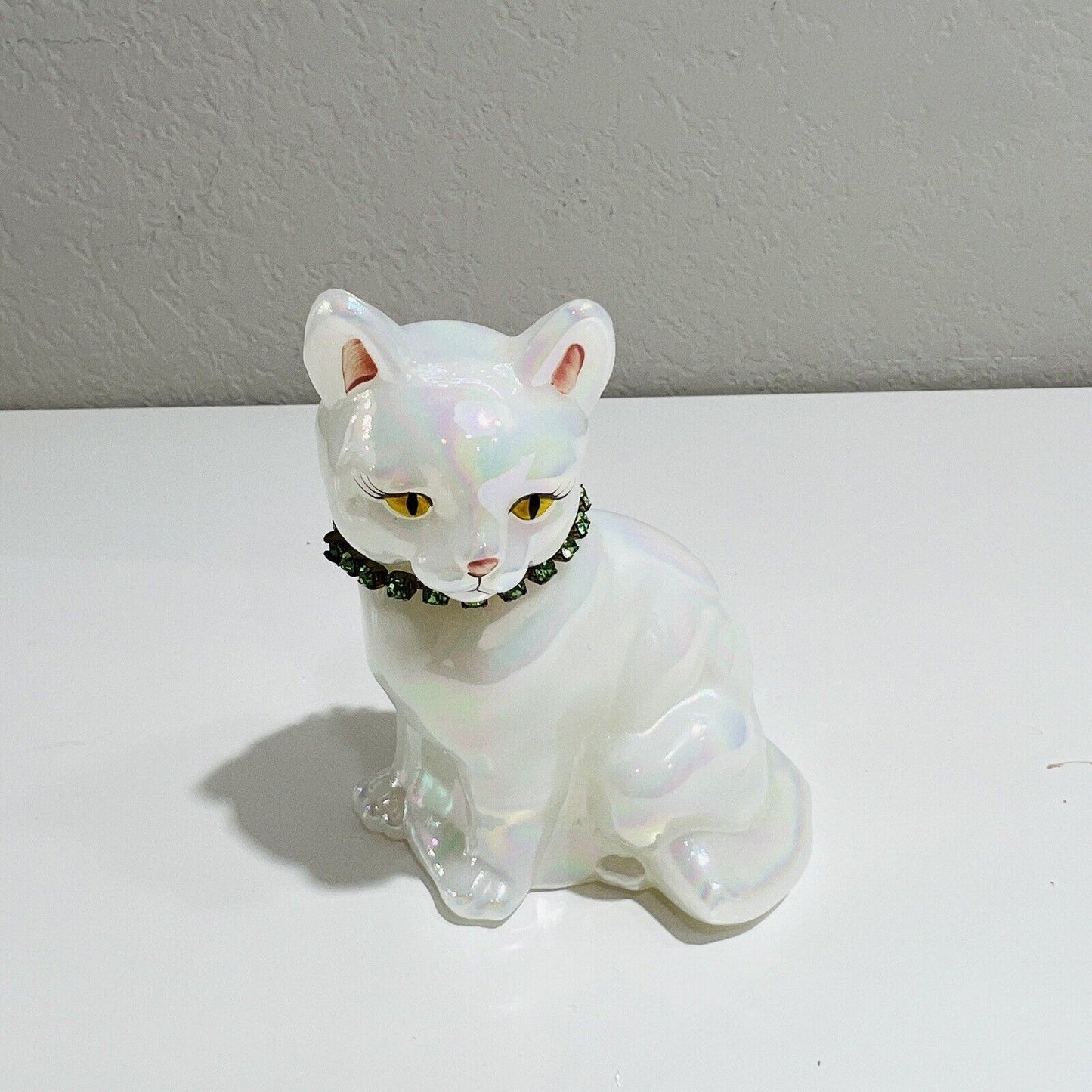 Fenton Cat Figurine May Birthstone Art Glass Iridescent White Signed by Artist