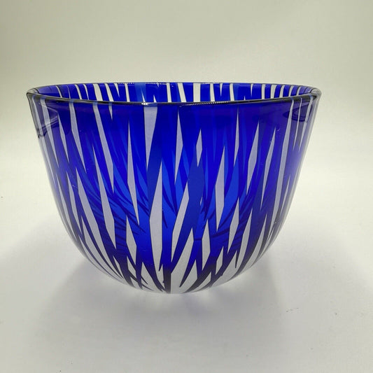 Engebretson Nielsen Art Glass Bowl Cobalt Interior Cut To Clear Signed 5”x6.5”