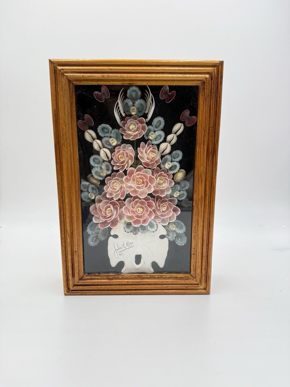 Julio G Meza Seashells Shell Roses Bouquet Art Frame Glass Display Wooden  1992